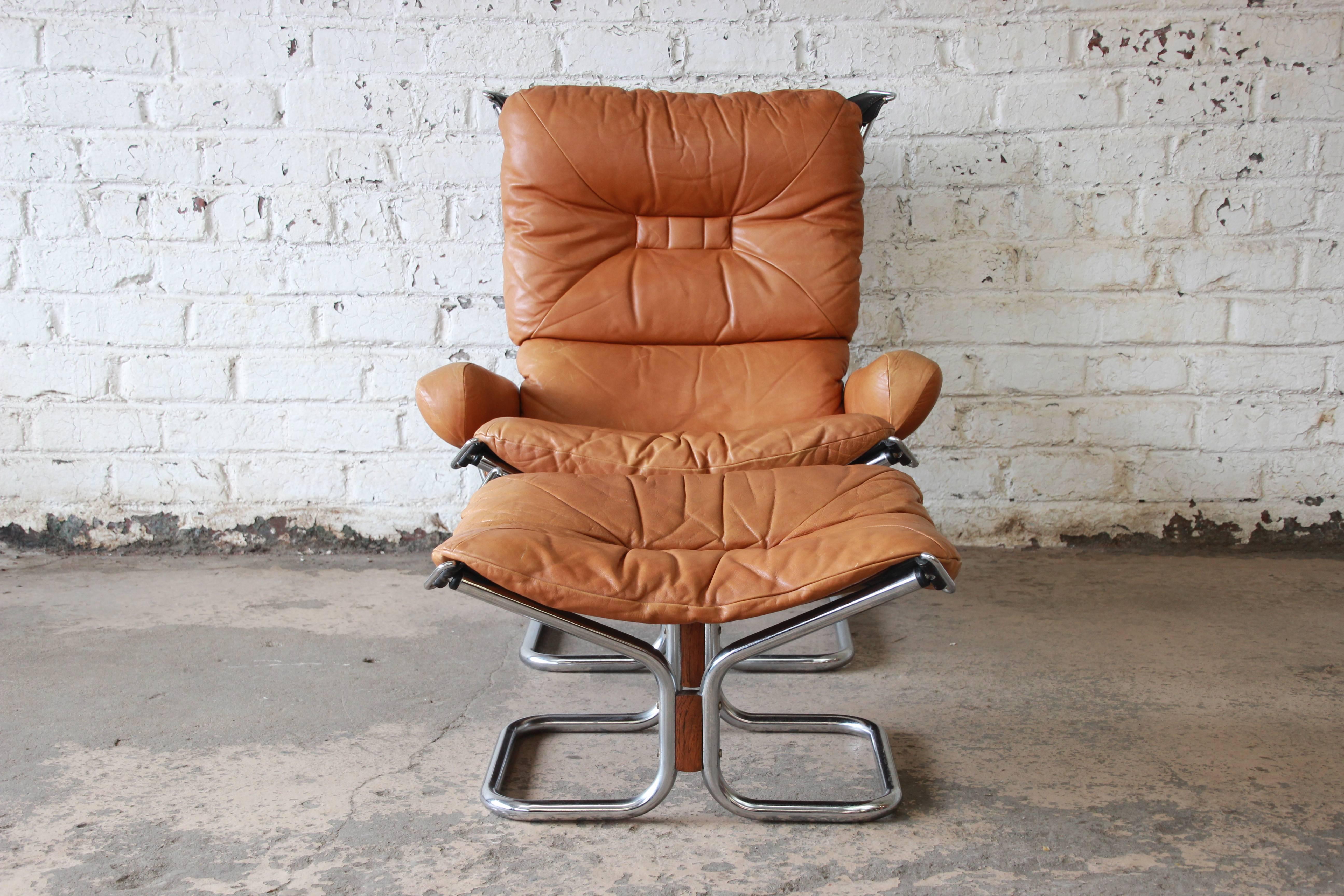 Scandinavian Modern Ingmar Relling for Westnofa Brown Leather and Chrome Lounge Chair and Ottoman