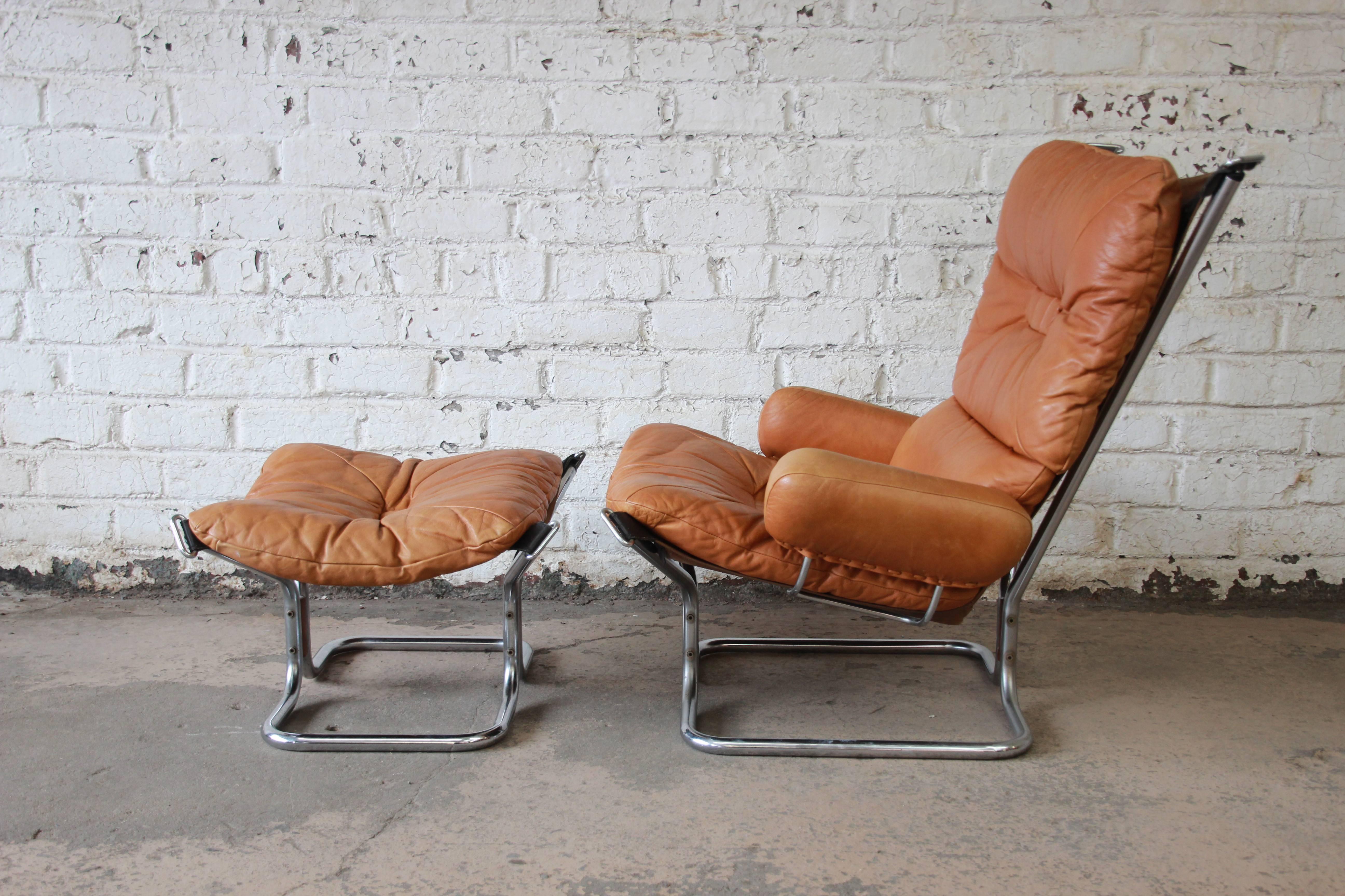 Norwegian Ingmar Relling for Westnofa Brown Leather and Chrome Lounge Chair and Ottoman