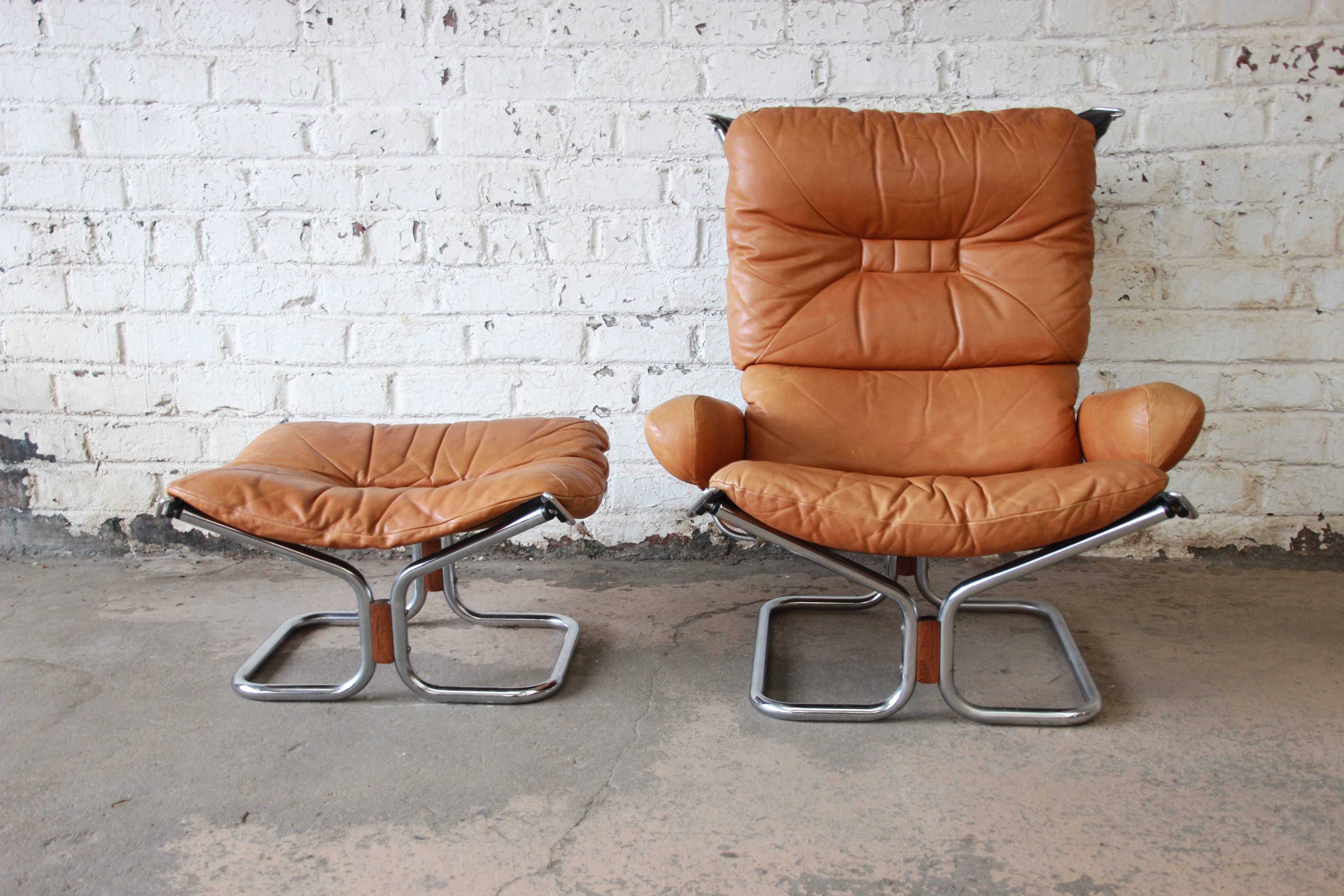 Ingmar Relling for Westnofa Brown Leather and Chrome Lounge Chair and Ottoman In Good Condition In South Bend, IN