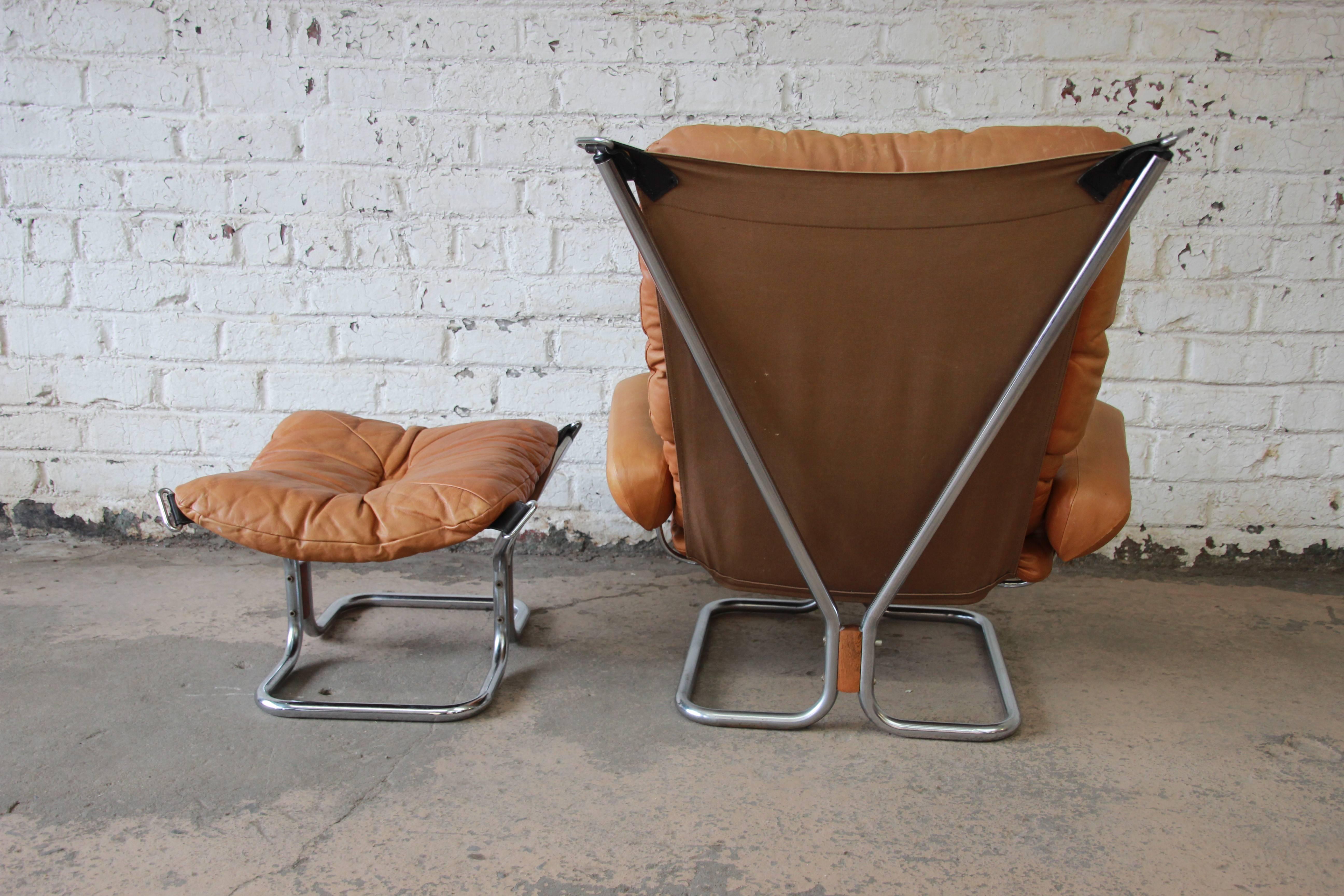 Late 20th Century Ingmar Relling for Westnofa Brown Leather and Chrome Lounge Chair and Ottoman