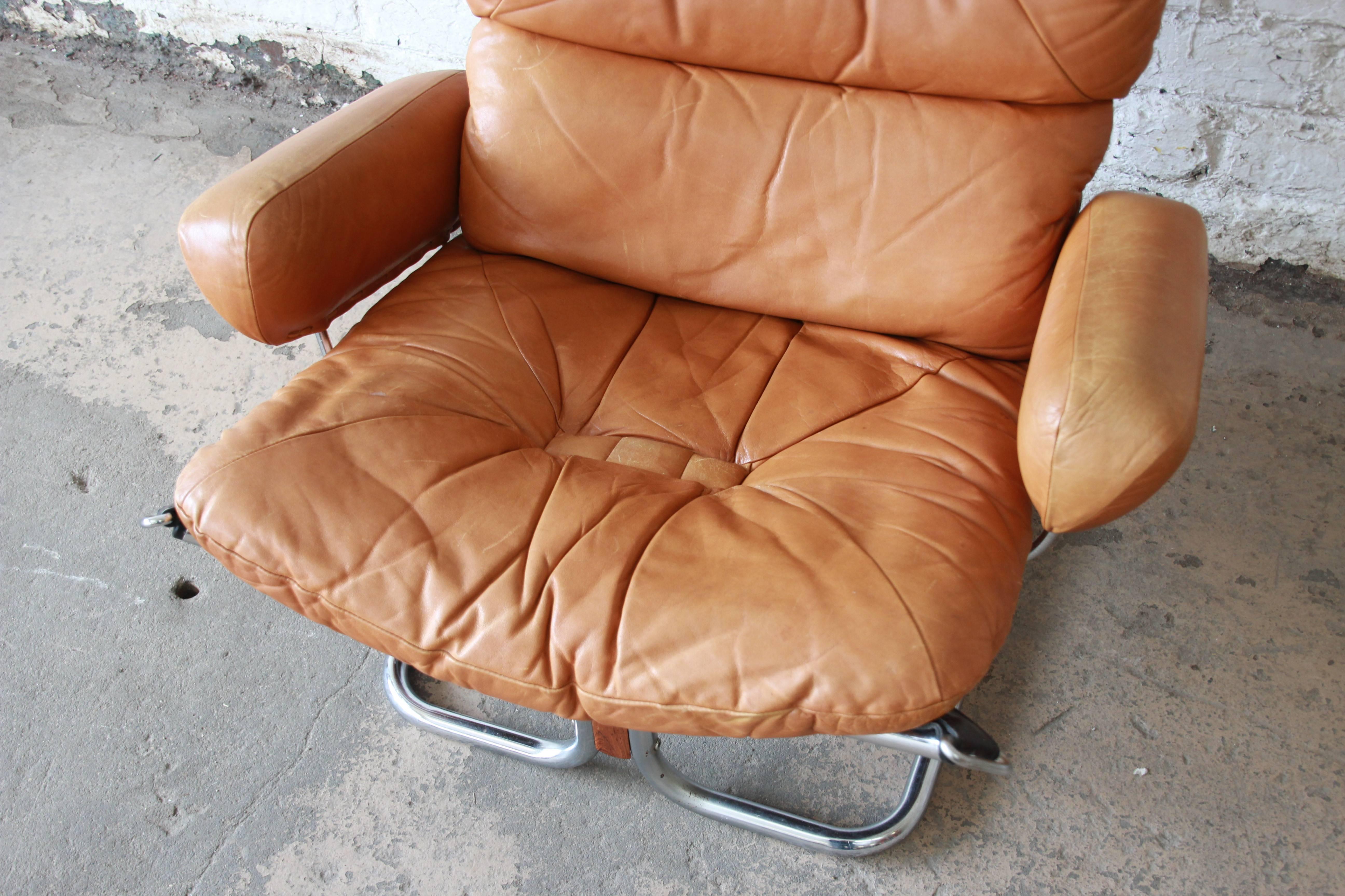 Ingmar Relling for Westnofa Brown Leather and Chrome Lounge Chair and Ottoman 1