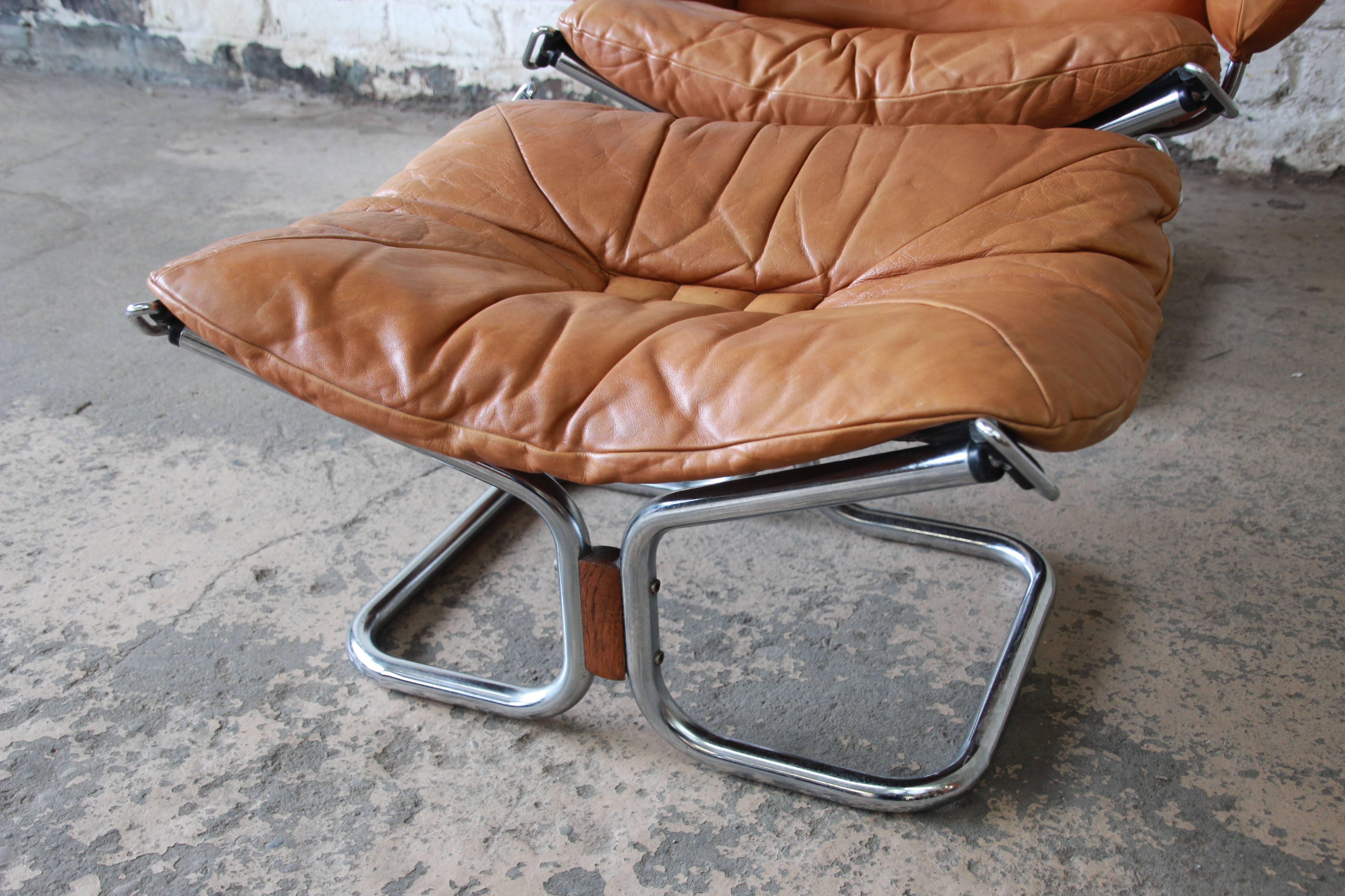 Ingmar Relling for Westnofa Brown Leather and Chrome Lounge Chair and Ottoman 2