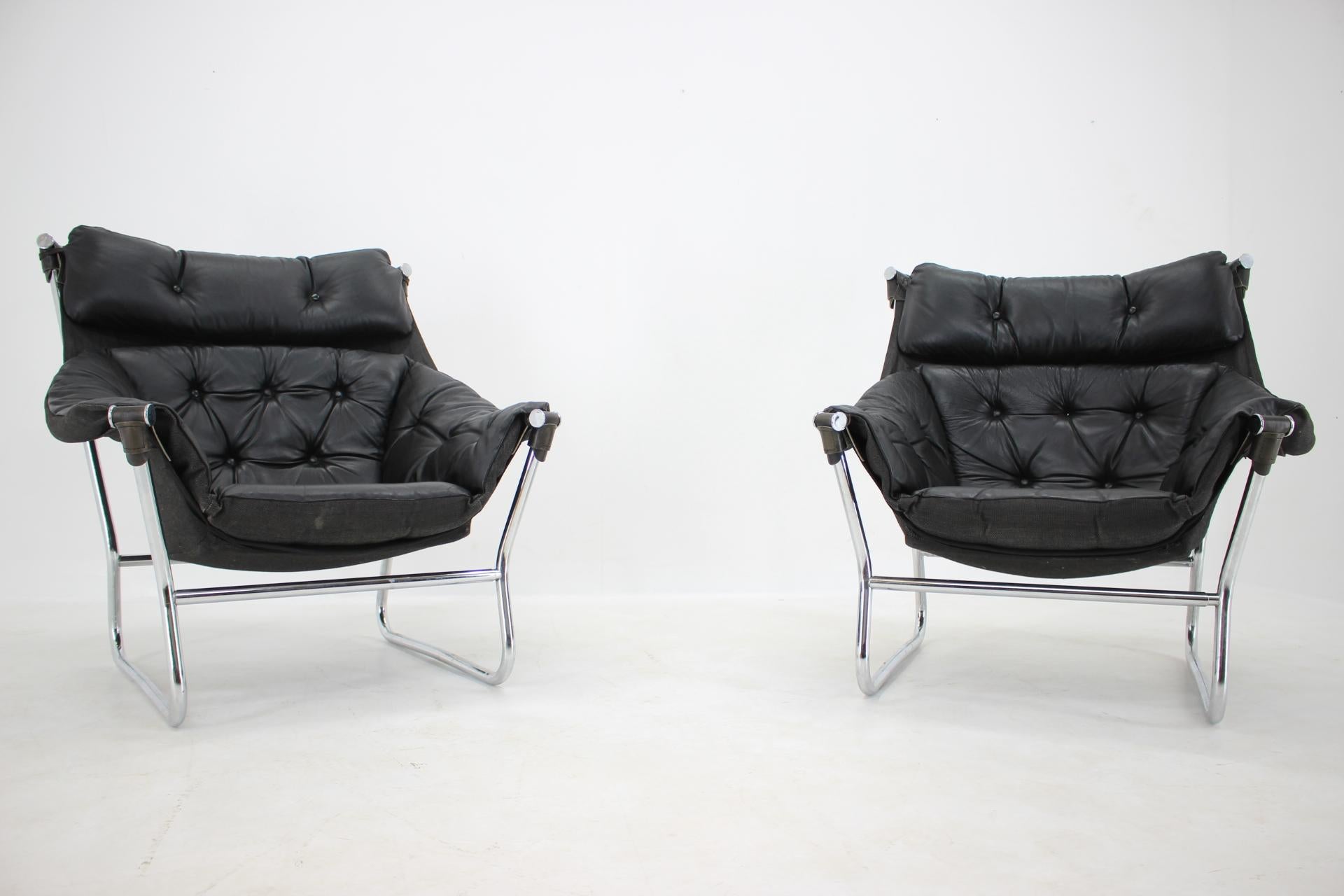 Mid-Century Modern Ingmar Relling for Westnofa Leather and Chrome Armchairs, 1970s