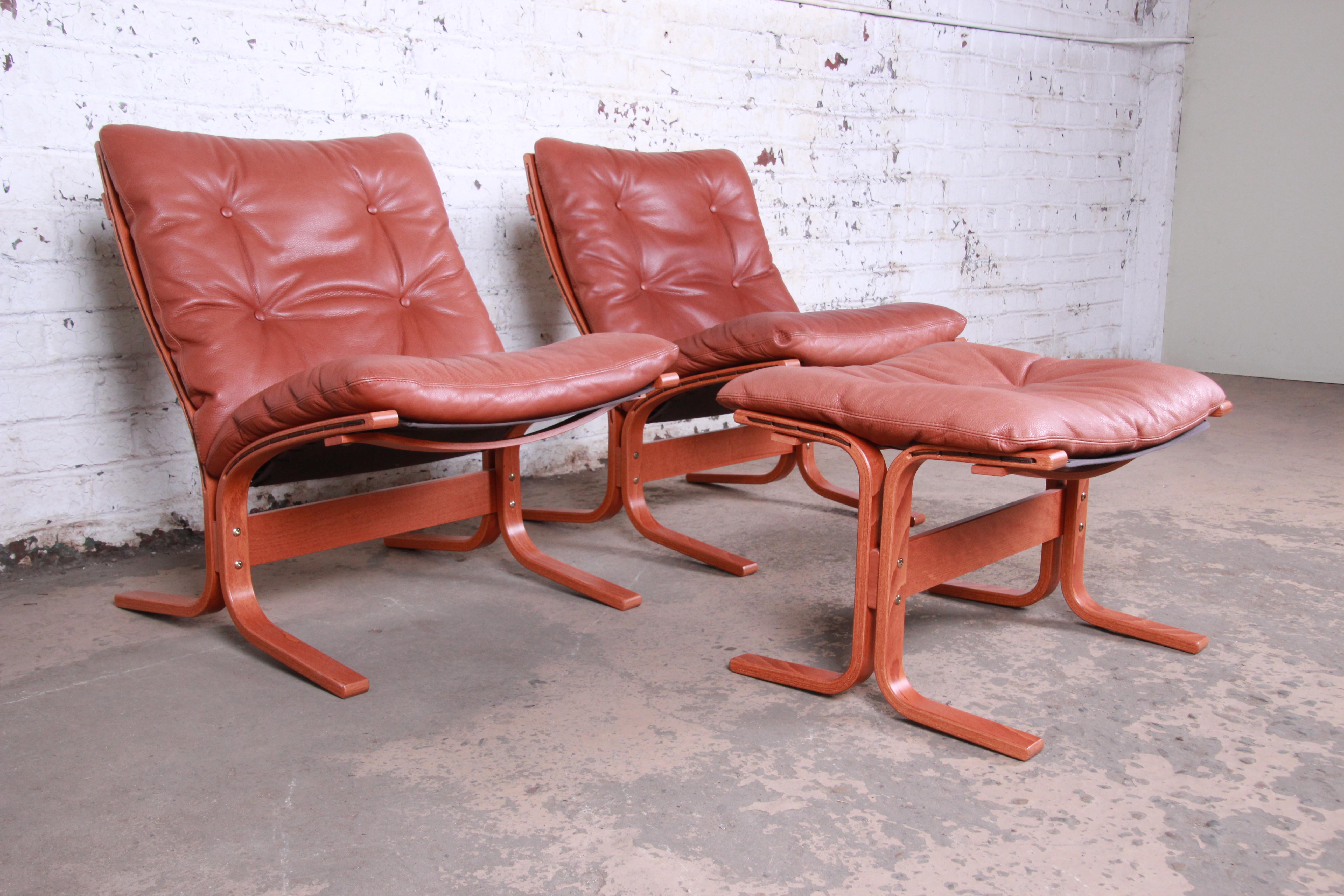 Mid-Century Modern Ingmar Relling for Westnofa Teak and Leather Siesta Lounge Chairs and Ottoman