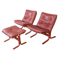 Ingmar Relling for Westnofa Teak and Leather Siesta Lounge Chairs and Ottoman