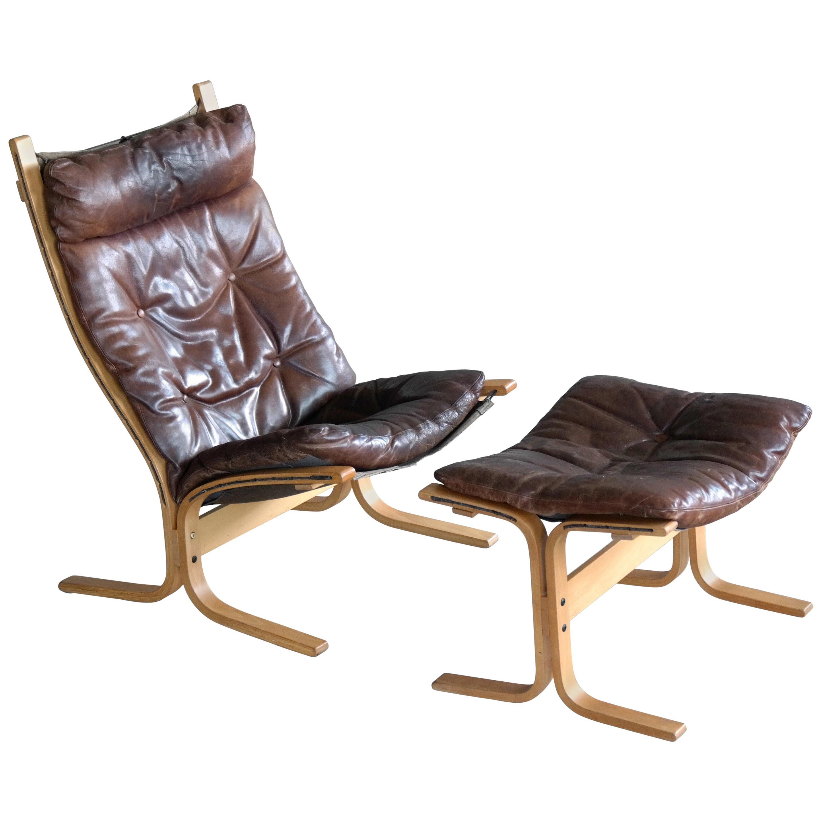 Ingmar Relling Siesta Chair with Ottoman in Brown Patinated Leather by Westnofa