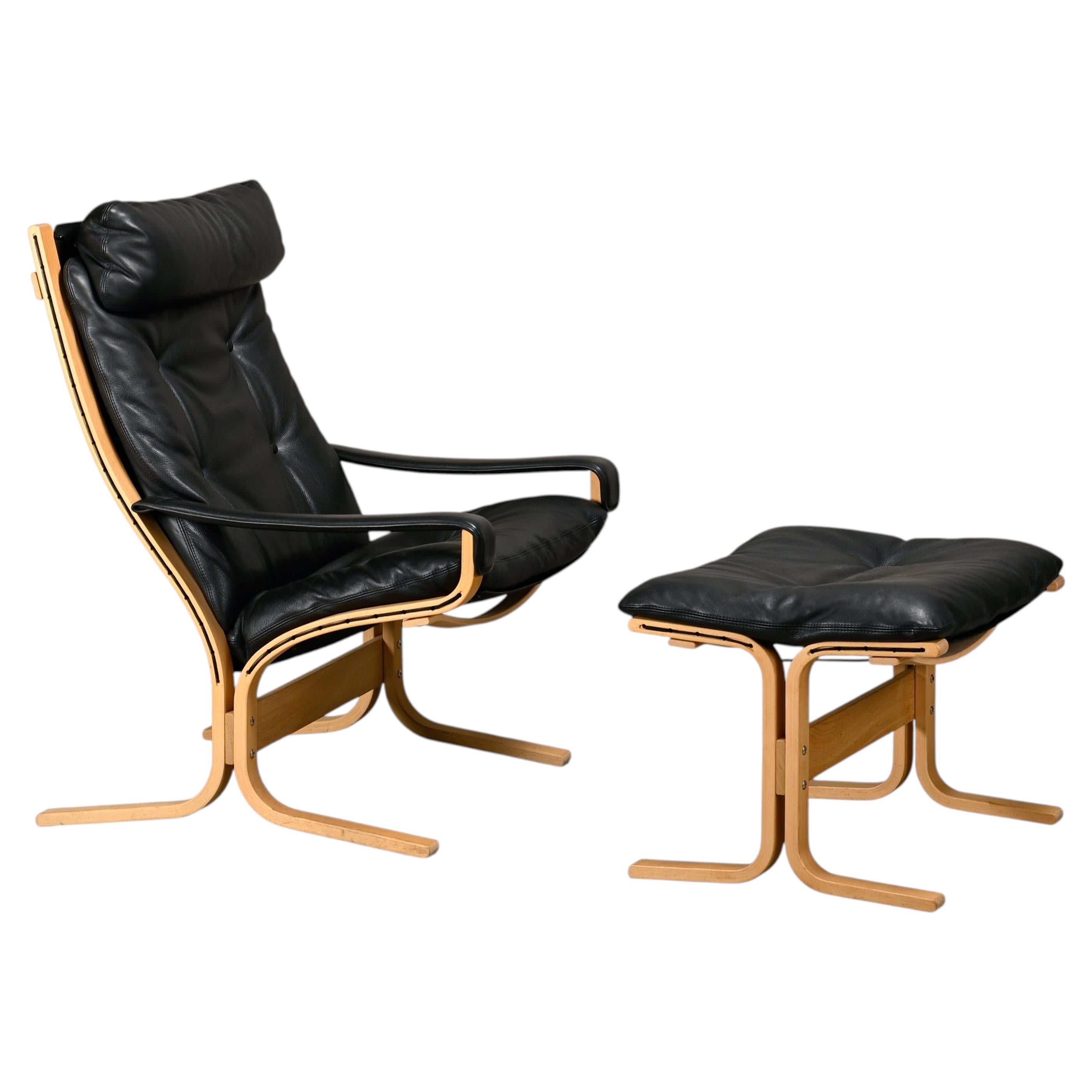 Ingmar Relling Siesta Lounge Chair and Ottoman in naturel Oak and Black Leather