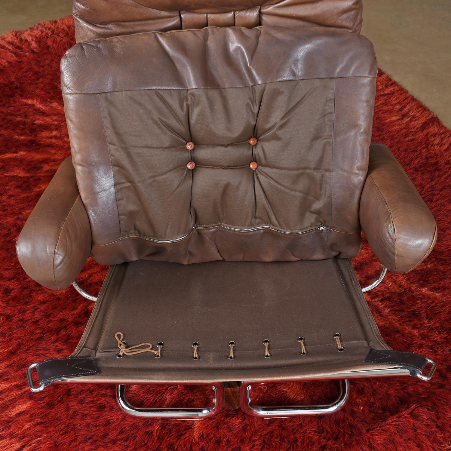 Late 20th Century Ingmar Relling Westnofa Leather Chrome Rosewood Lounge Chair & Ottoman of Norway