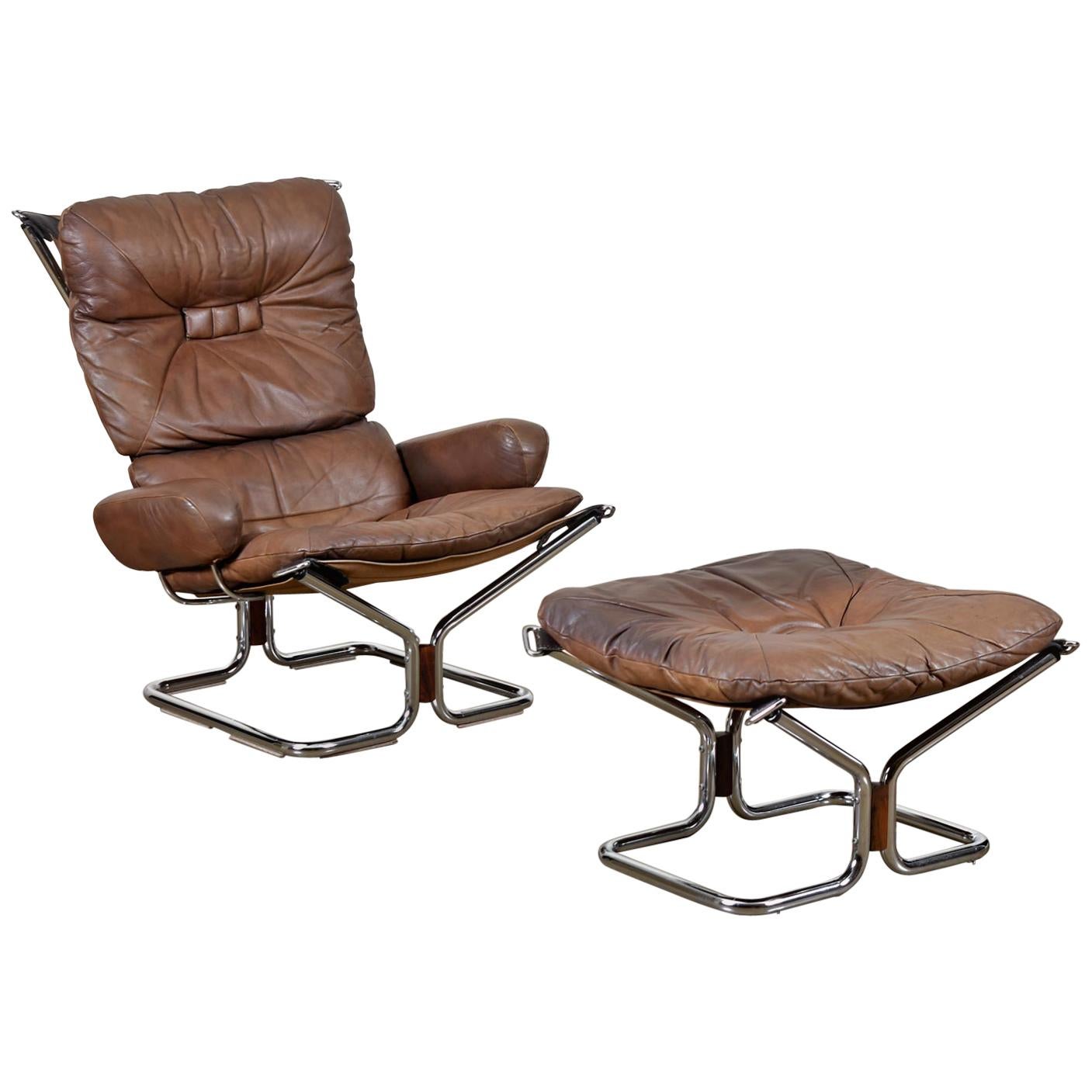 Ingmar Relling Westnofa Leather Chrome Rosewood Lounge Chair & Ottoman of Norway