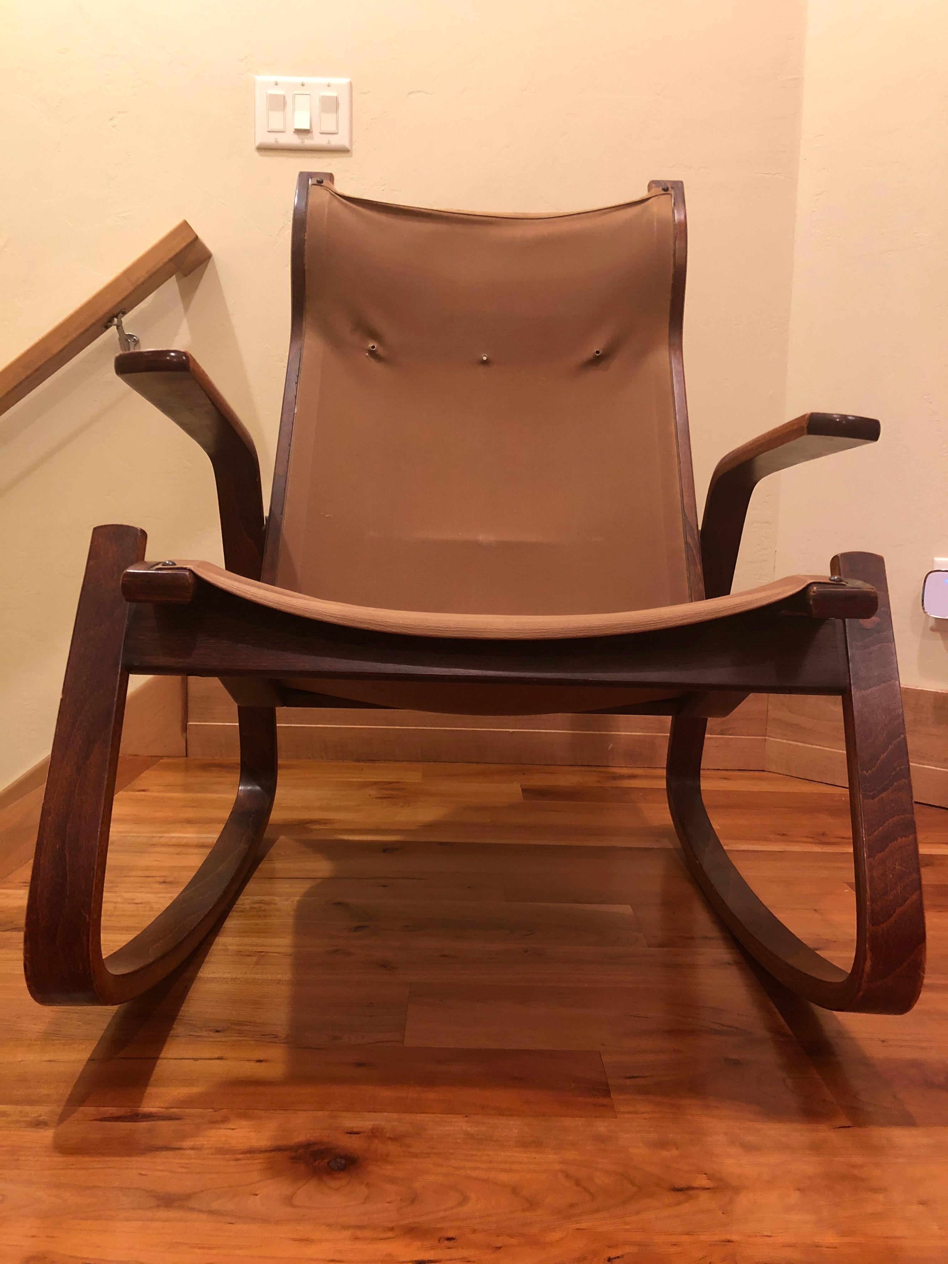 Scandinavian Modern Ingmar Relling Westnofa Norwegian Midcentury Teak Canvas Bentwood Rocking Chair