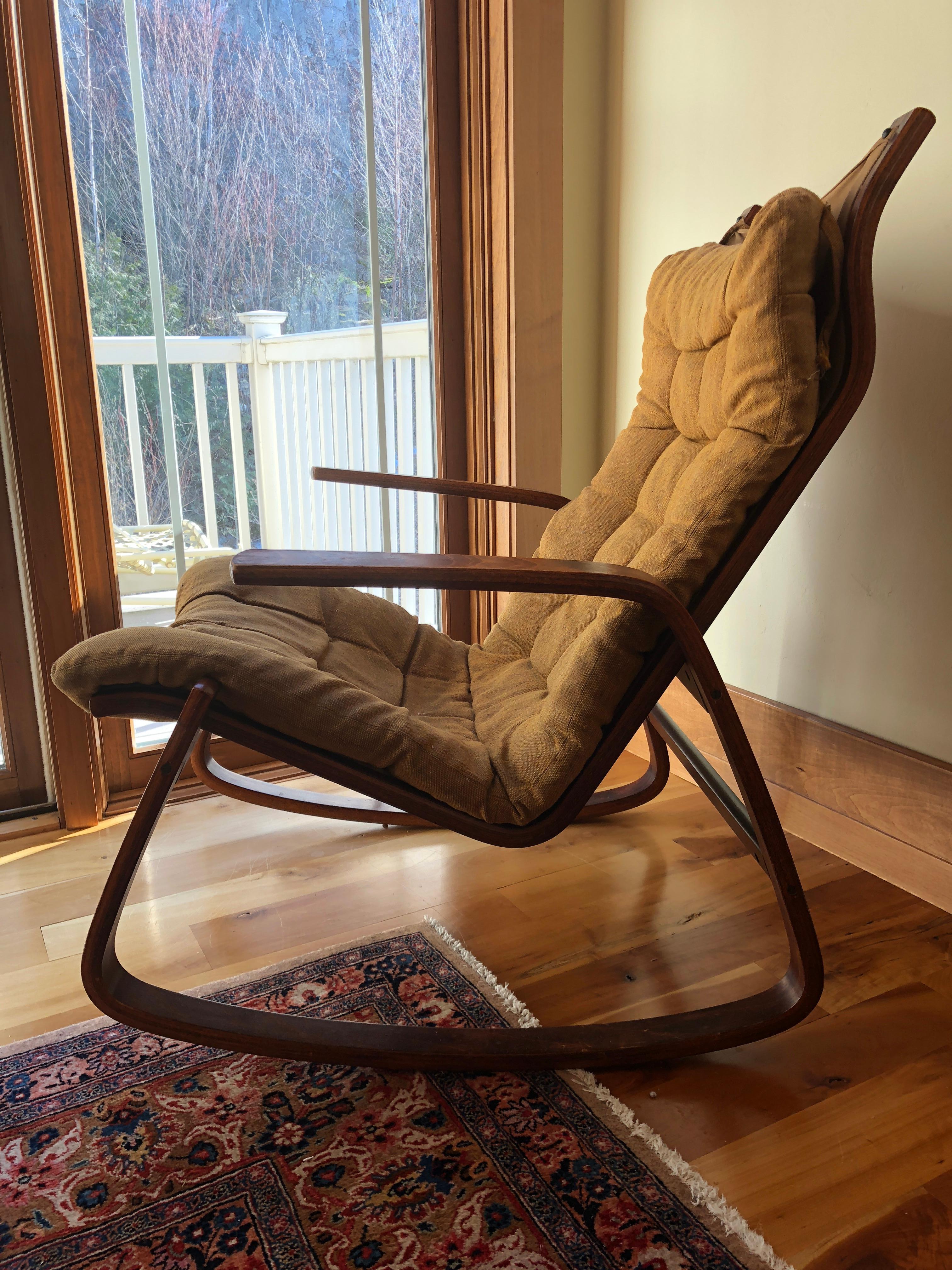 Scandinavian Ingmar Relling Westnofa Norwegian Midcentury Teak Canvas Bentwood Rocking Chair