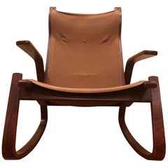 Ingmar Relling Westnofa Norwegian Midcentury Teak Canvas Bentwood Rocking Chair