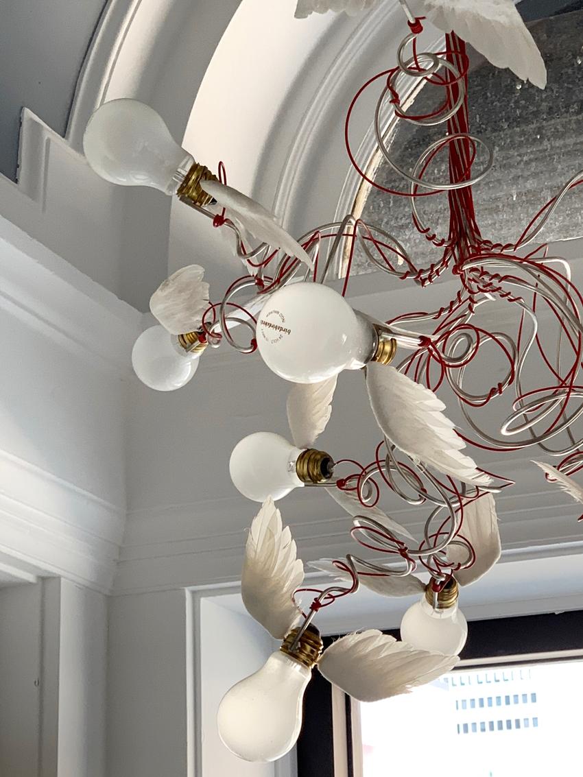 Modern Ingo Maurer Bird Chandelier with Feather Wings and Red Cable