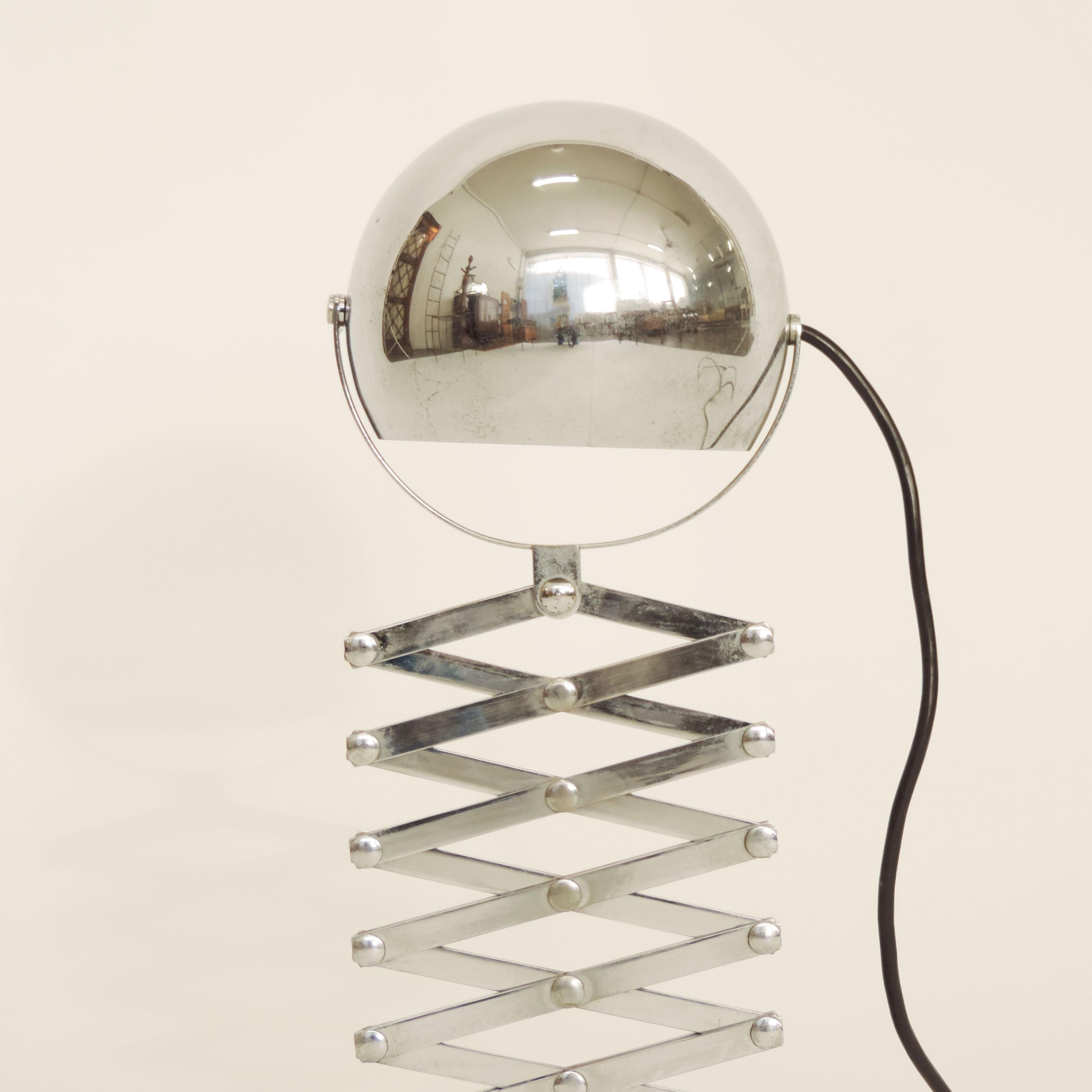 Ingo Maurer chrome scissor table lamp for Design M, Germany, 1968.