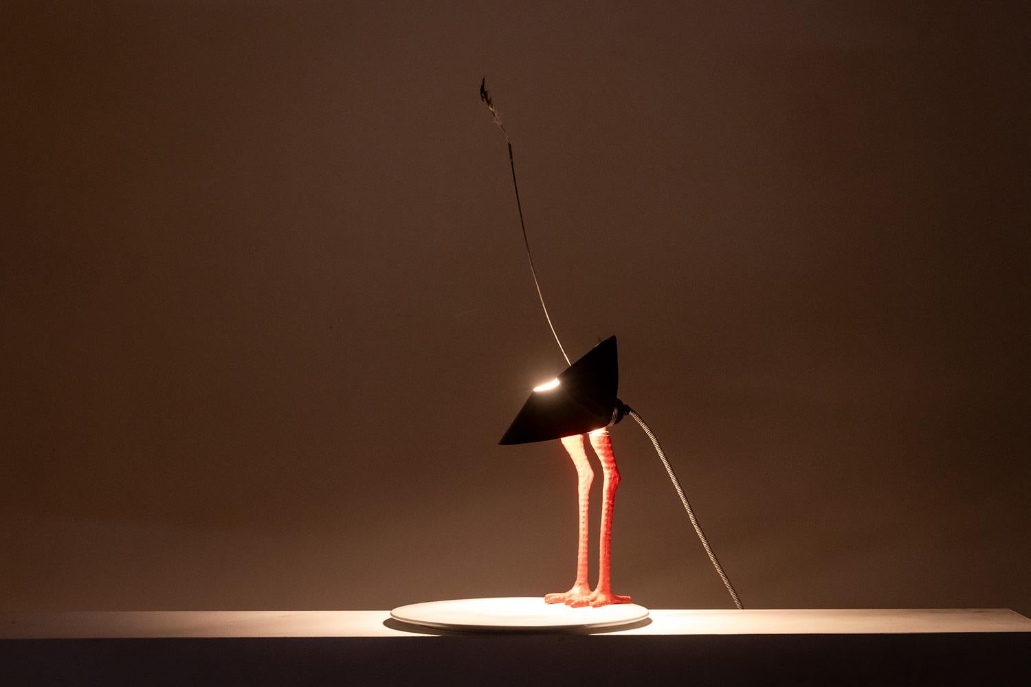 Ingo Maurer, par.

“Bibibibi” model lamp. Shaft representing red bird legs, with its adjustable diffuser in black lacquered metal ending in a feather. Round colored white porcelain base.

Work realized in the 1980s.

Dimensions: H 63 x D 30