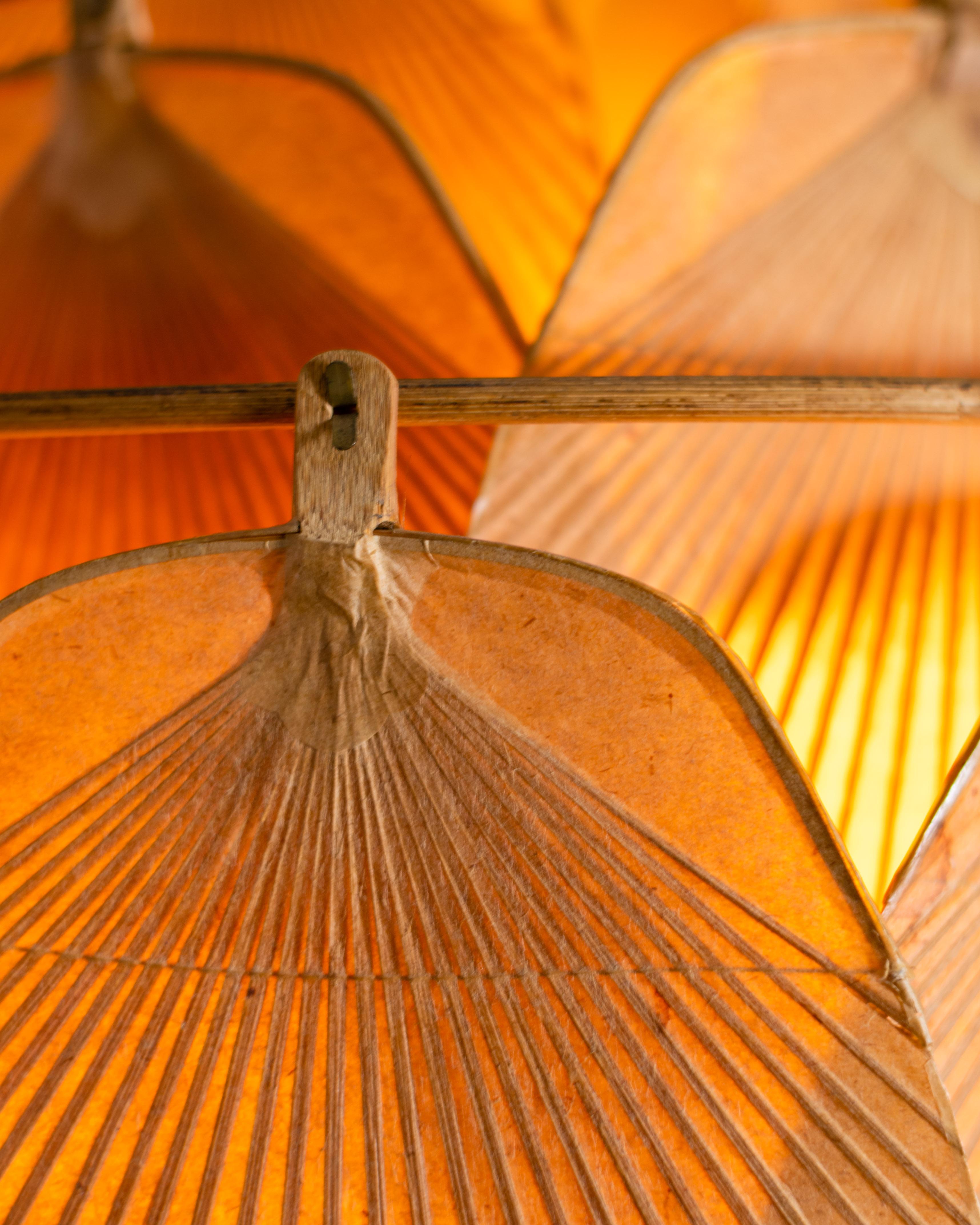 Ingo Maurer Uchiwa Fan Ceiling Lamp in Lacquered Rice-Paper and Bamboo, 1970's 1