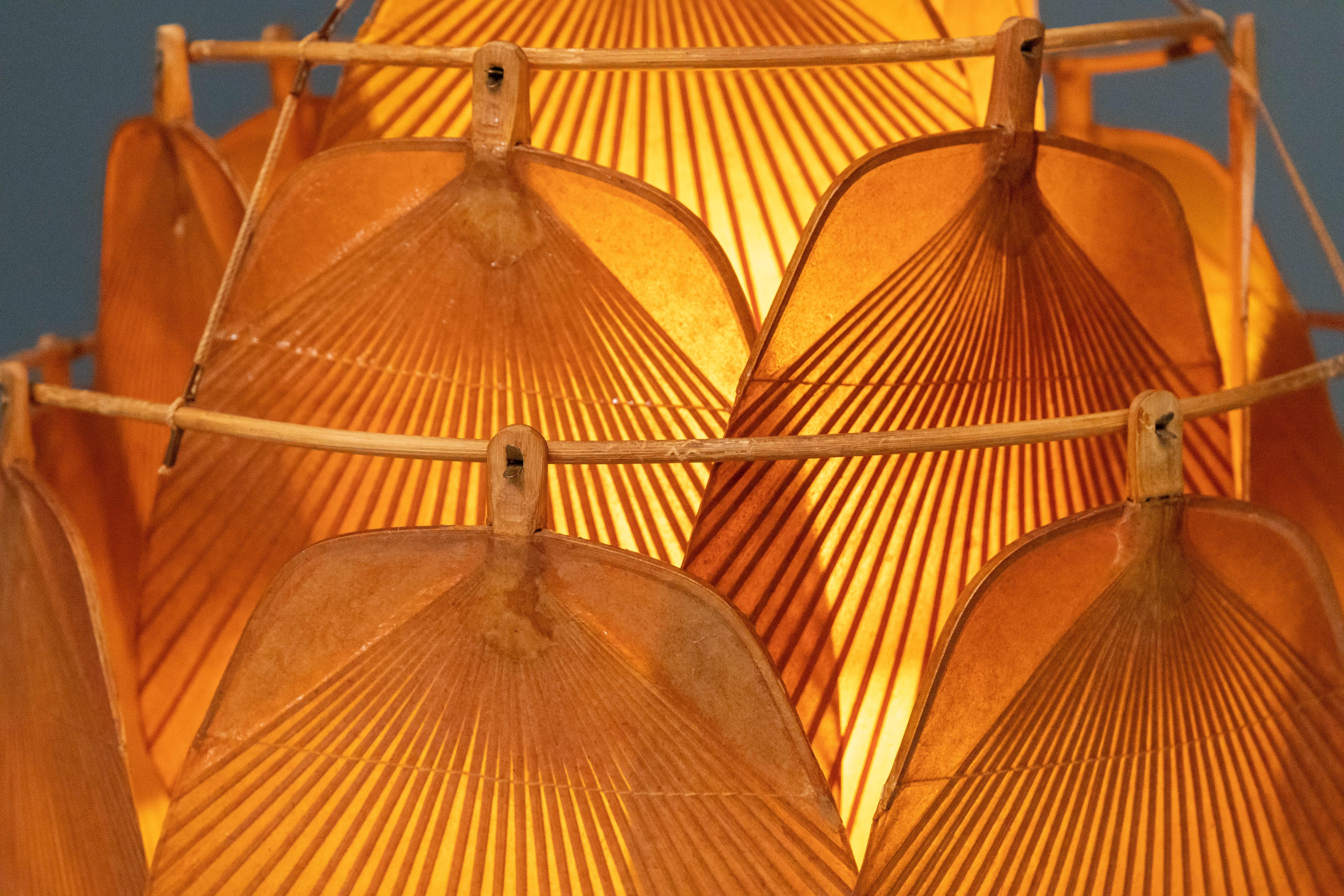 Mid-Century Modern Ingo Maurer Uchiwa Fan Ceiling Lamp in Lacquered Rice-Paper and Bamboo, 1970's