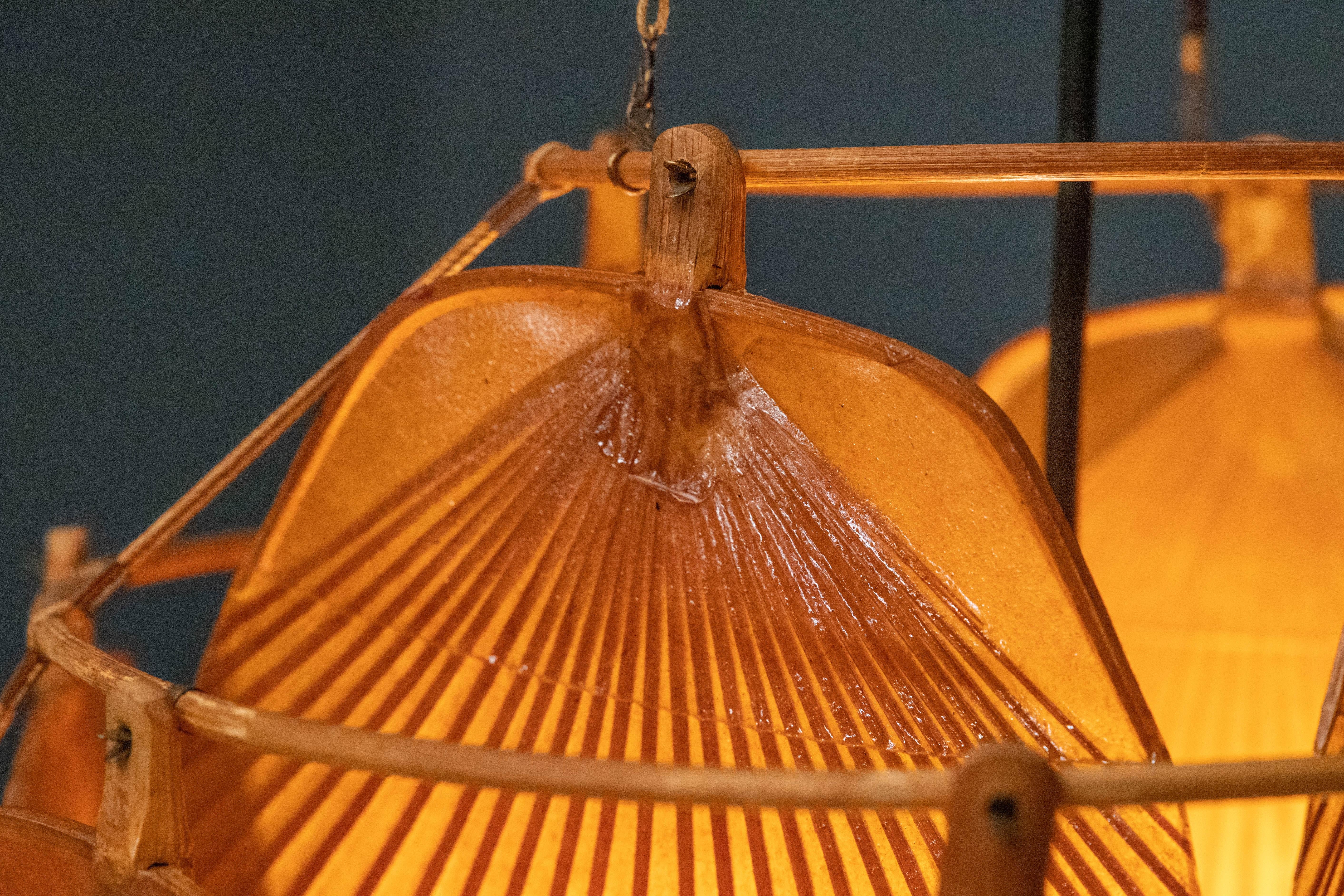 German Ingo Maurer Uchiwa Fan Ceiling Lamp in Lacquered Rice-Paper and Bamboo, 1970's