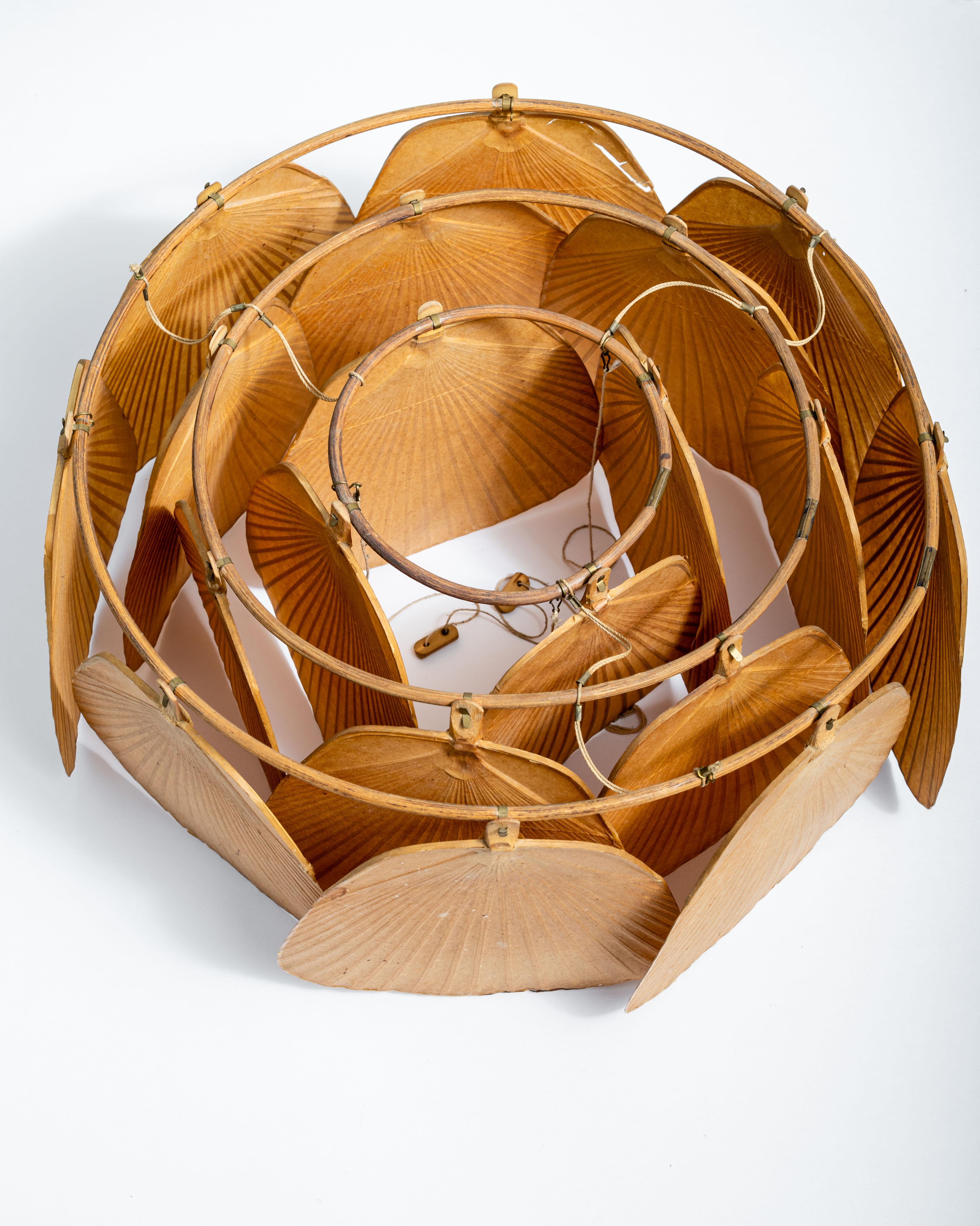 German Ingo Maurer Uchiwa Fan Ceiling Lamp in Lacquered Rice-Paper and Bamboo, 1970's
