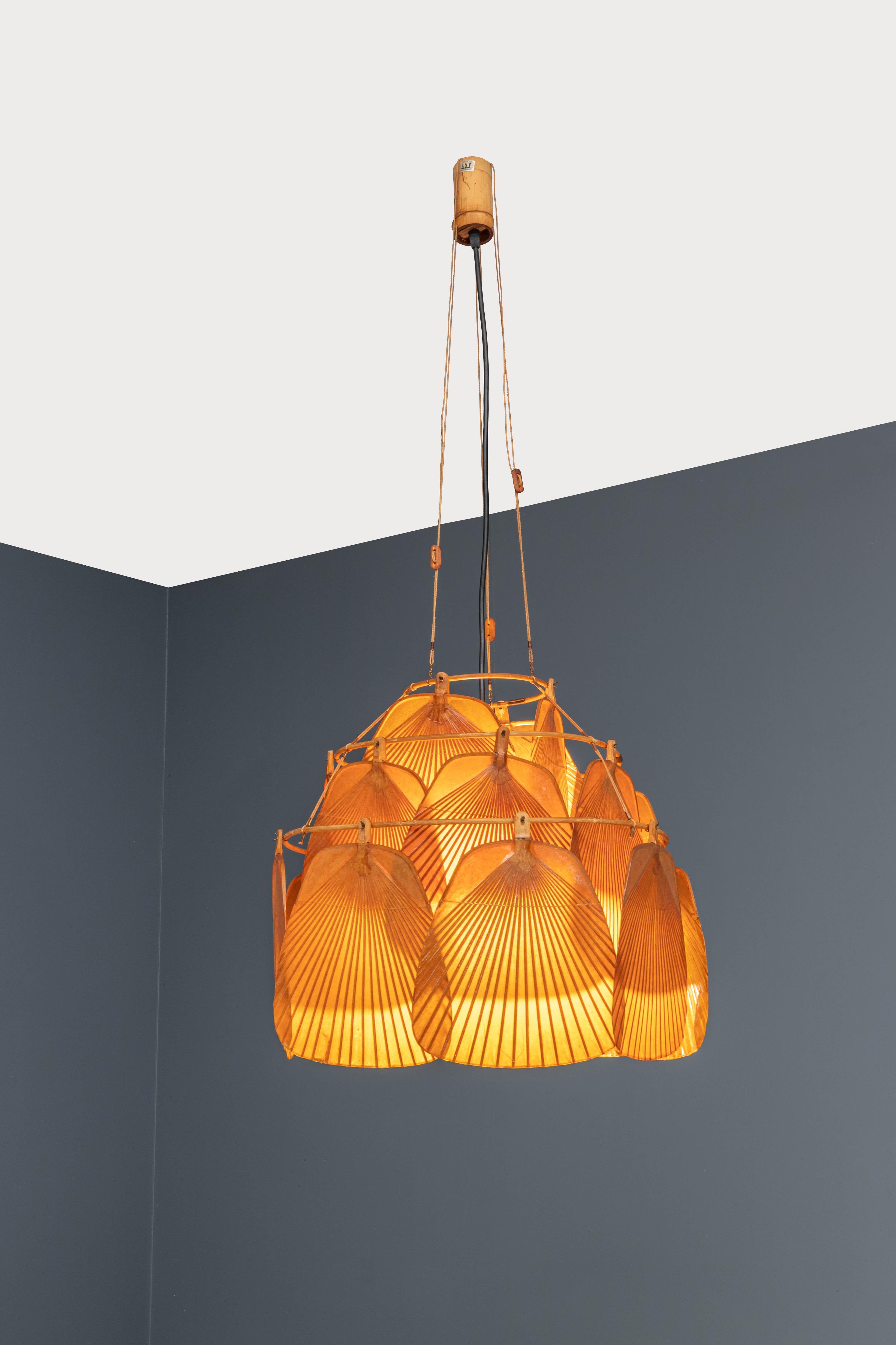 Late 20th Century Ingo Maurer Uchiwa Fan Ceiling Lamp in Lacquered Rice-Paper and Bamboo, 1970's