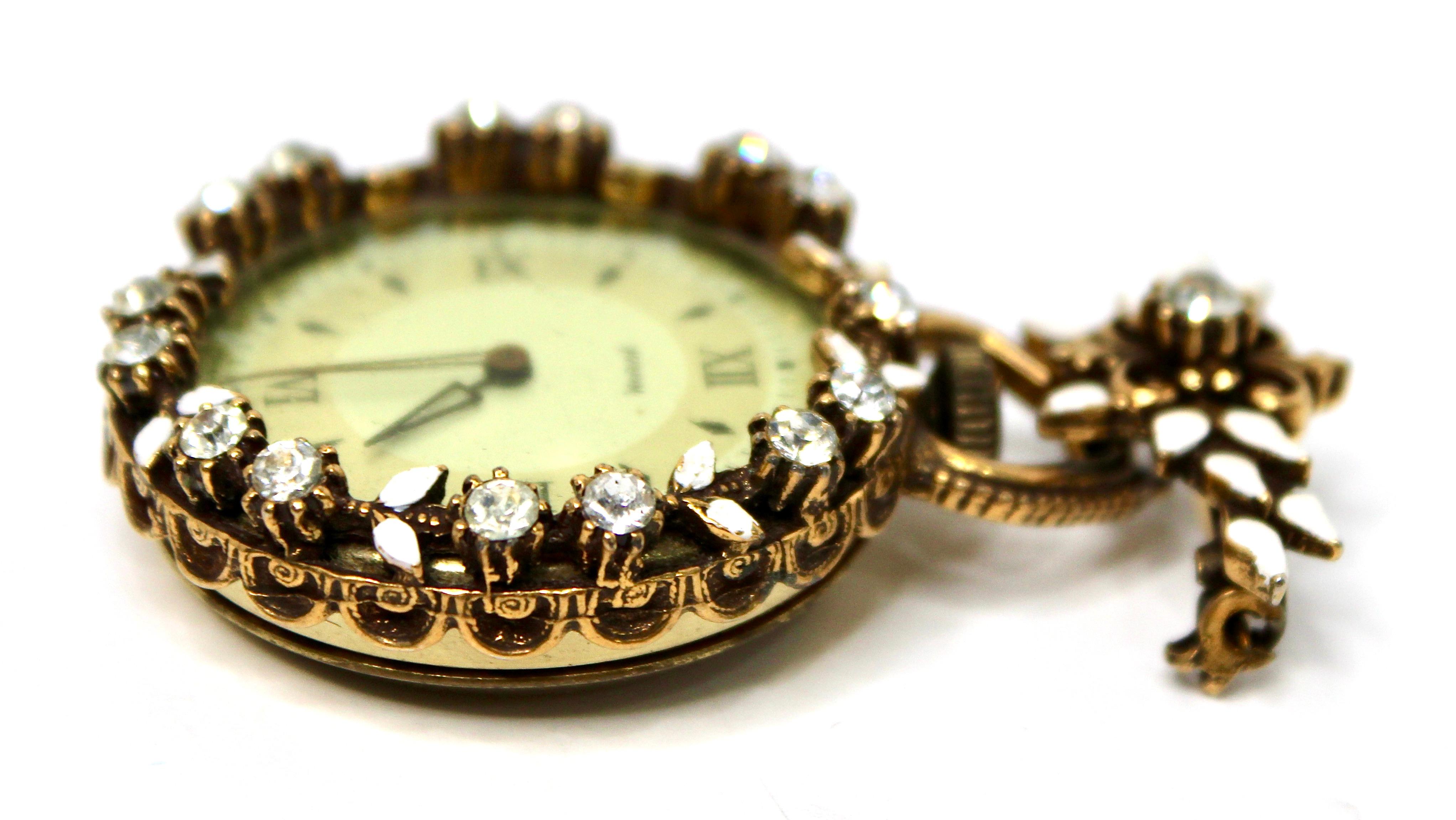 Ingraham Watch Dial Brooch With Enamel and Crystal Accents circa 1960s ...