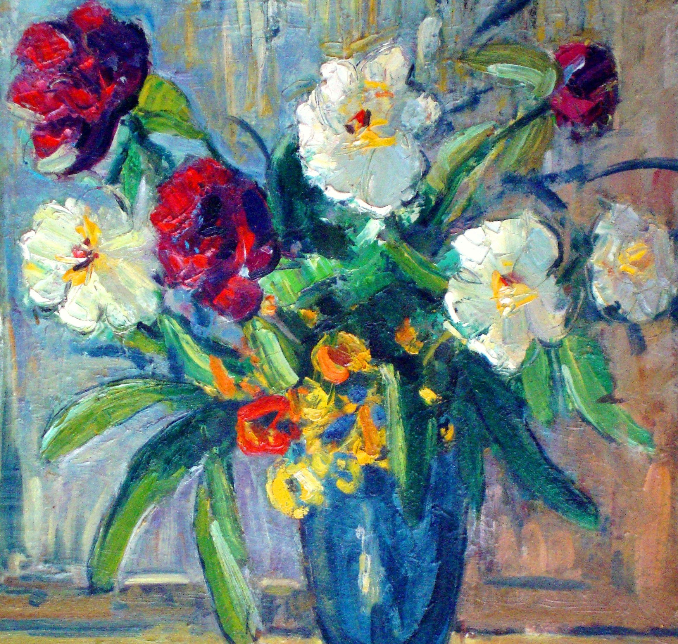 Peonie  1965, olio su cartone, 70x58 cm - Painting di Ingrīda Kalns