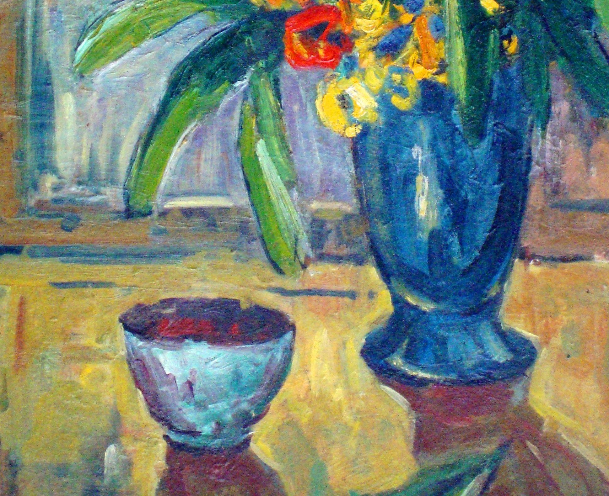 Peonie  1965, olio su cartone, 70x58 cm - Still-Life Painting Grigio di Ingrīda Kalns