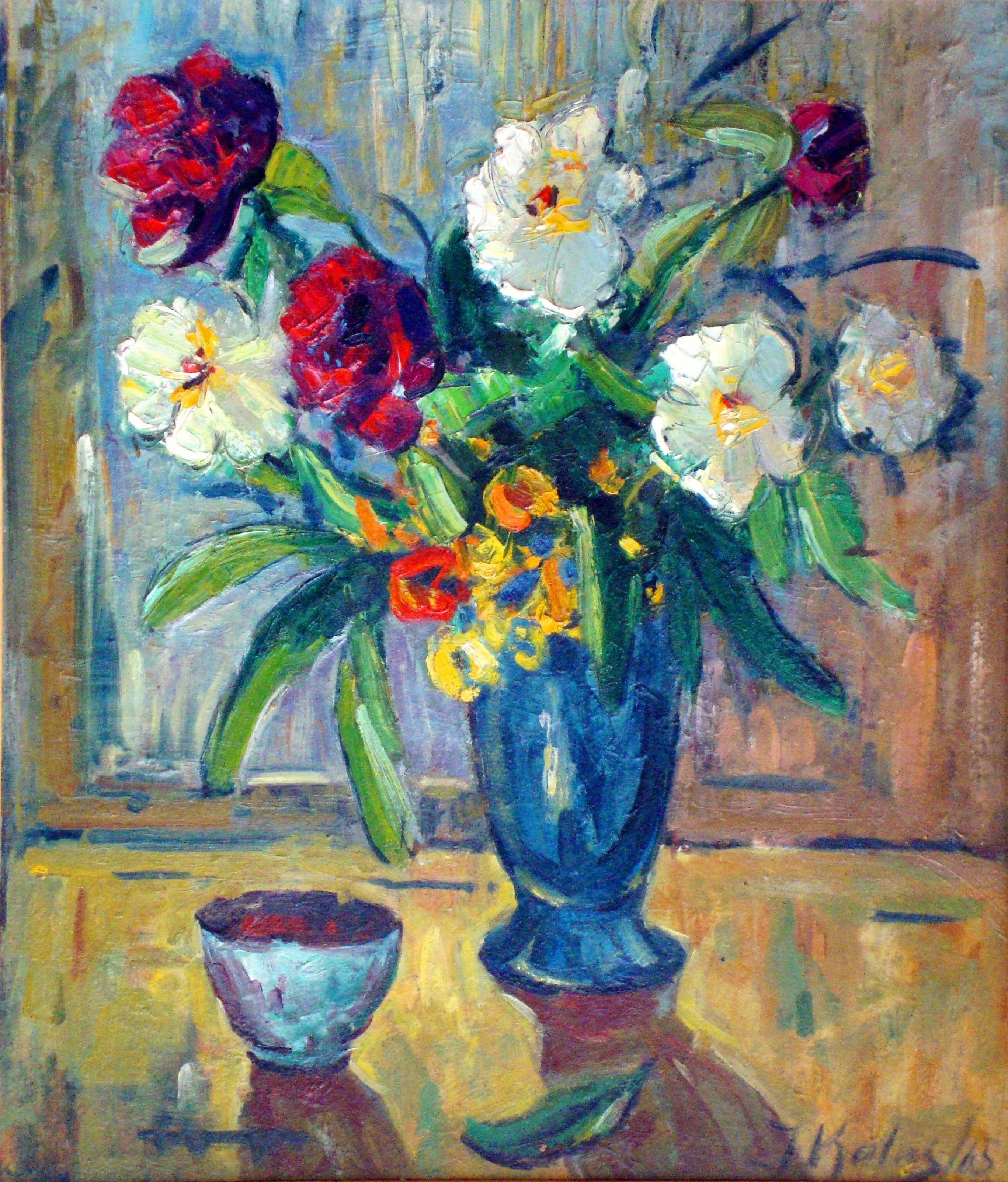 Still-Life Painting di Ingrīda Kalns - Peonie  1965, olio su cartone, 70x58 cm
