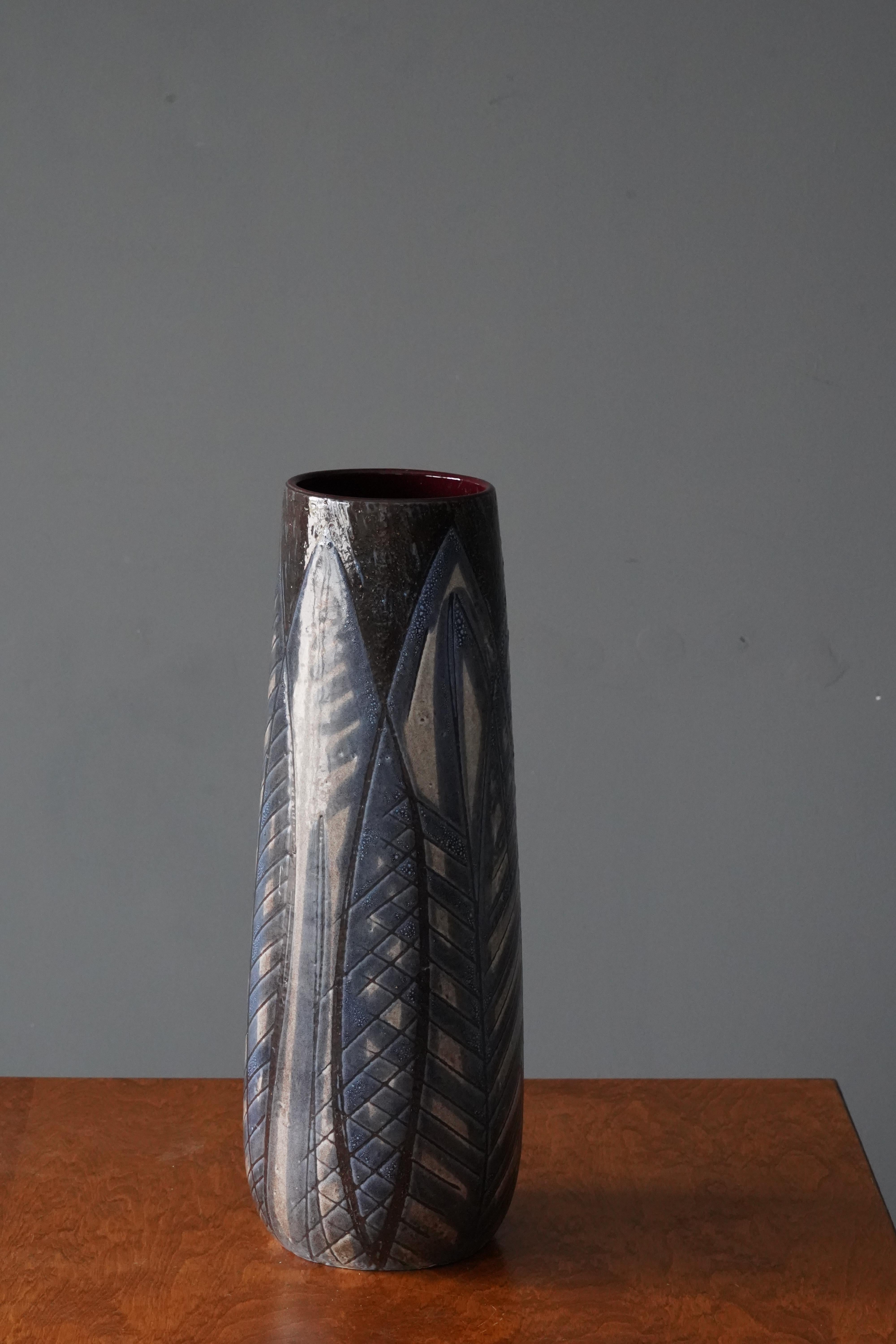 Mid-Century Modern Ingrid Atterberg, Floor Vase, Blue Black Earthenware, Sweden, Upsala Ekeby 1950s