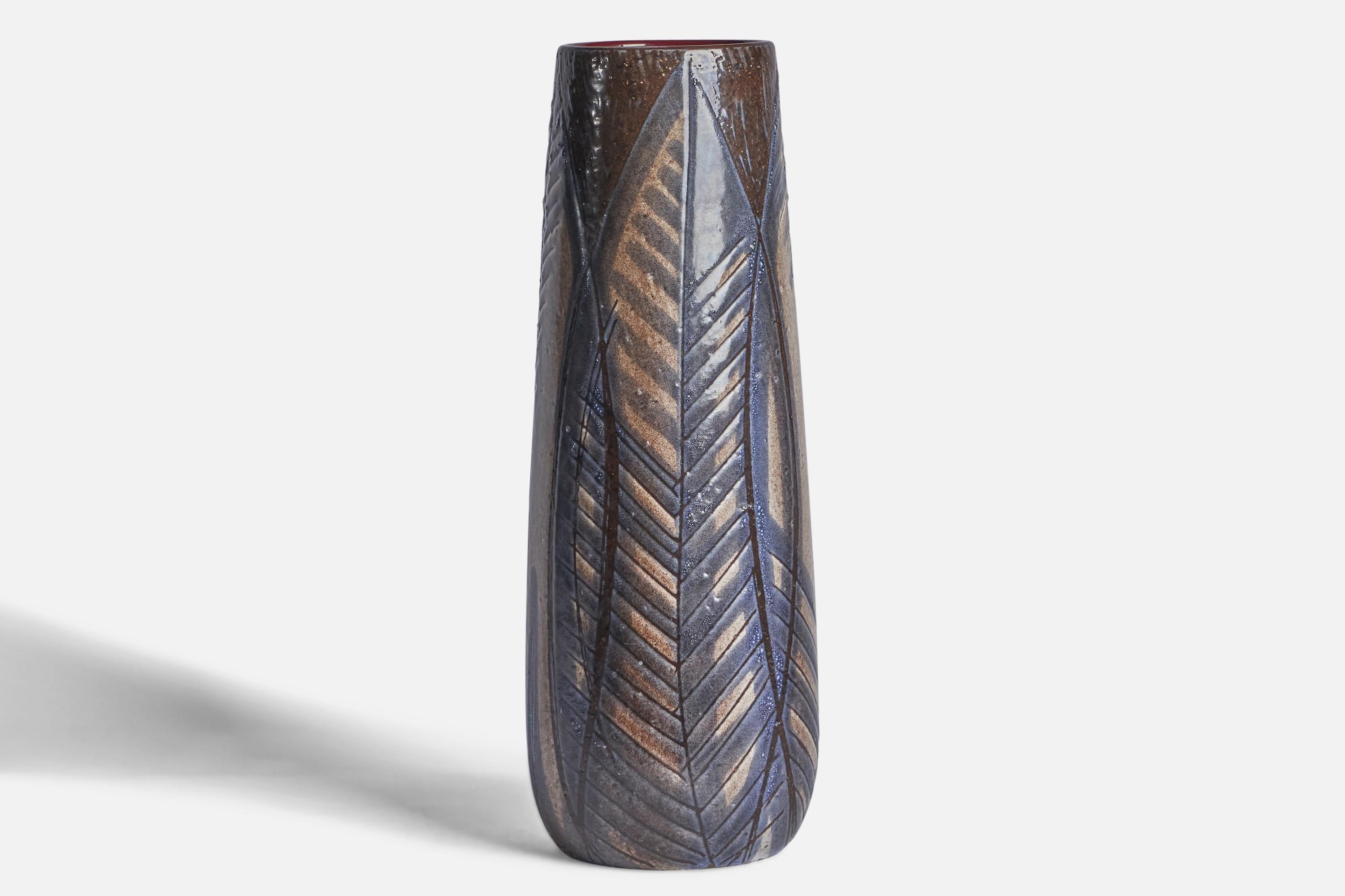 A blue, brown and red-glazed earthenware floor vase designed by Ingrid Atterberg and produced by Upsala Ekeby, Sweden, c. 1950s.