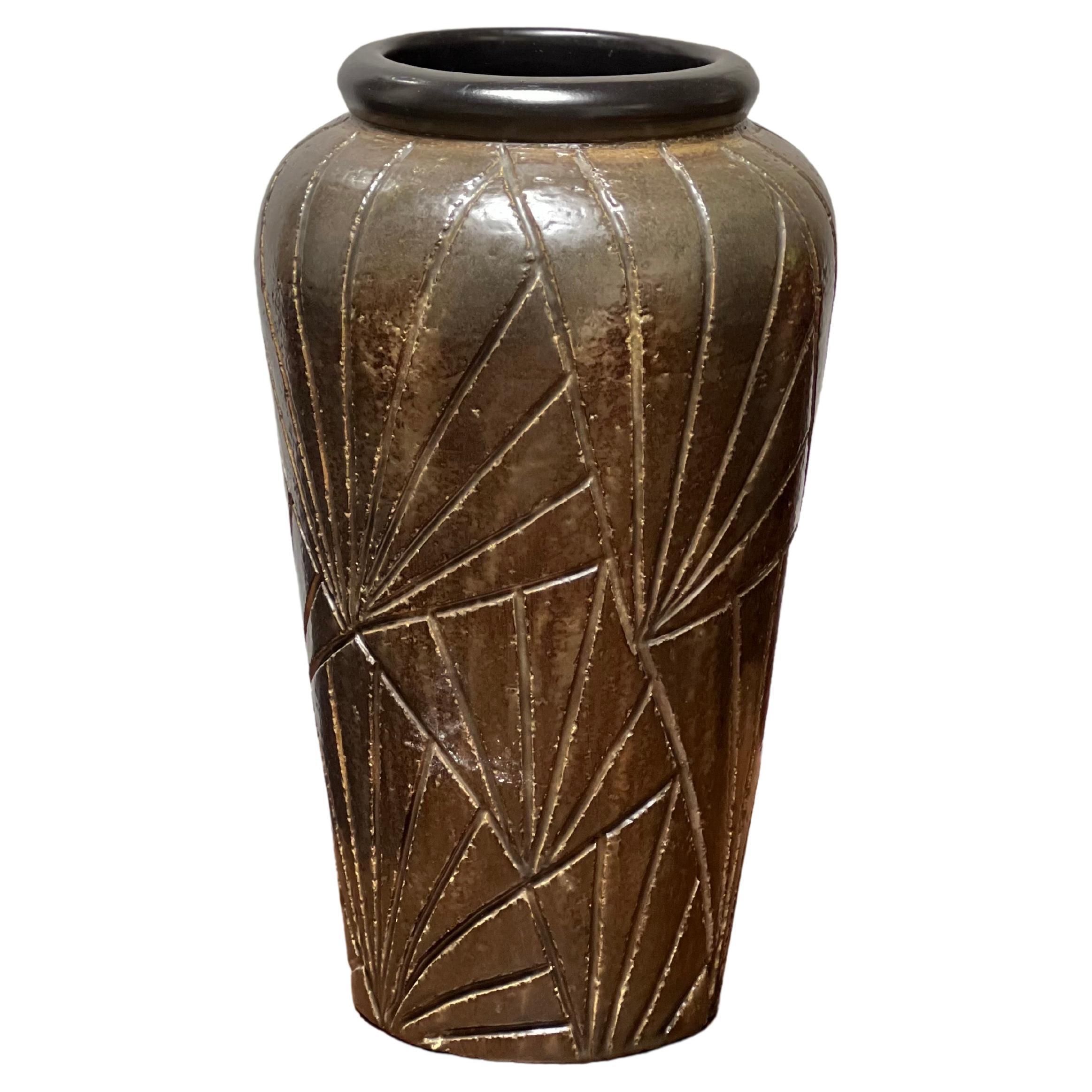 Ingrid Atterberg huge floor vase, brown glaze with geometric pattern Sweden 60's