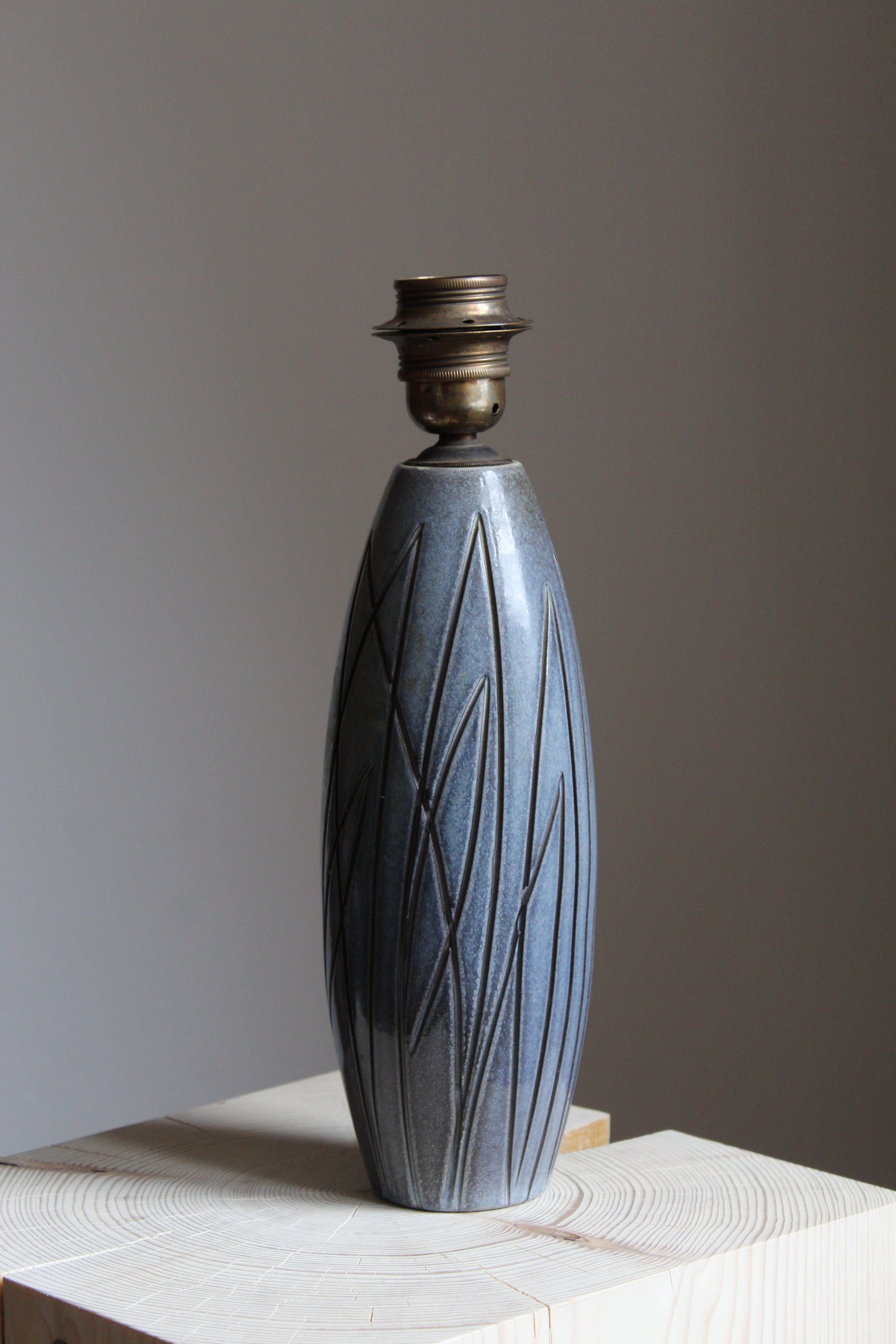 Mid-Century Modern Ingrid Atterberg, Table Lamp, Blue Ceramic, Brass, Sweden, Upsala Ekeby, 1950s