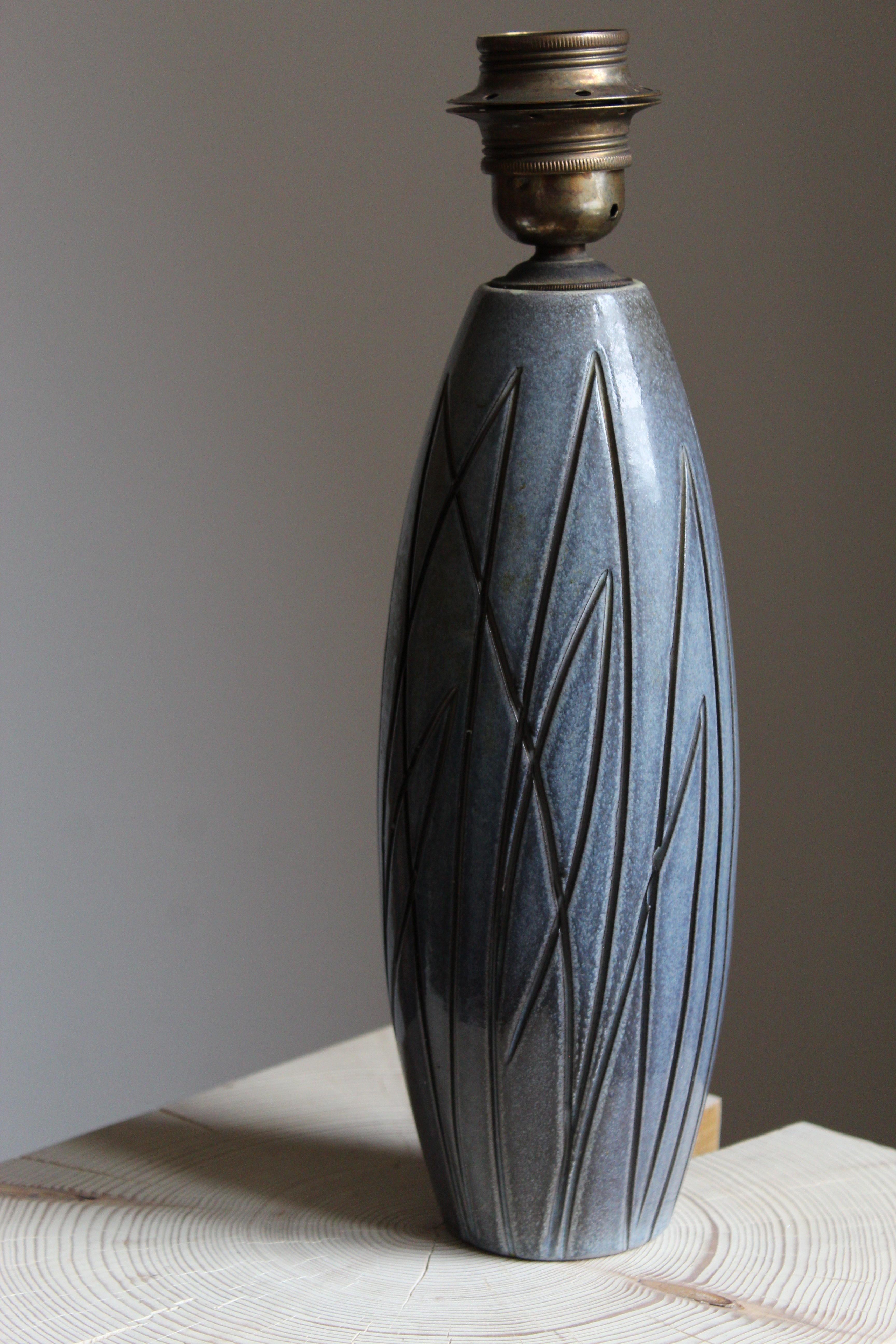 Swedish Ingrid Atterberg, Table Lamp, Blue Ceramic, Brass, Sweden, Upsala Ekeby, 1950s