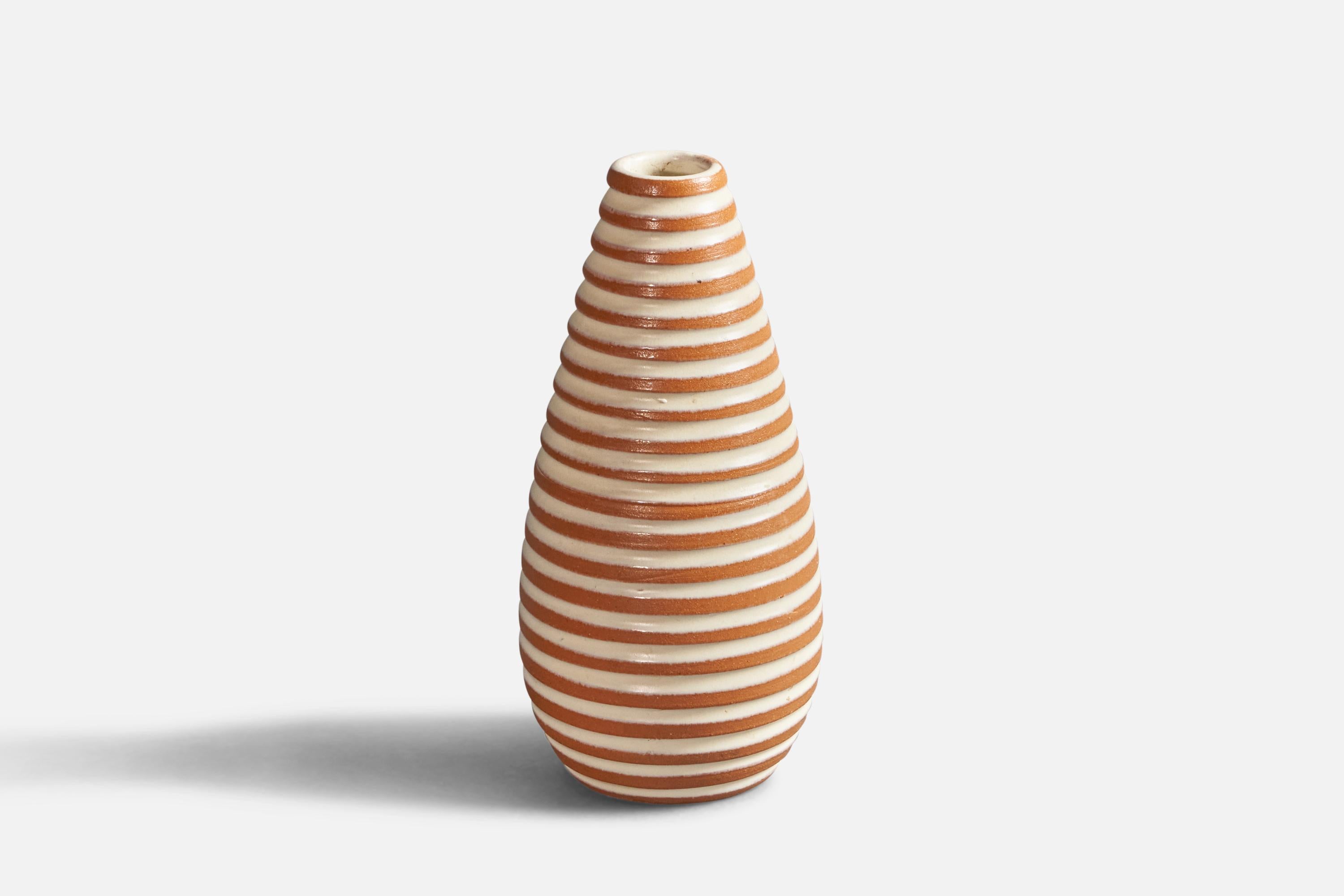 An orange and white semi-glazed earthenware vase, designed by Ingrid Atterberg and produced by Upsala Ekeby, Sweden, 1950s.