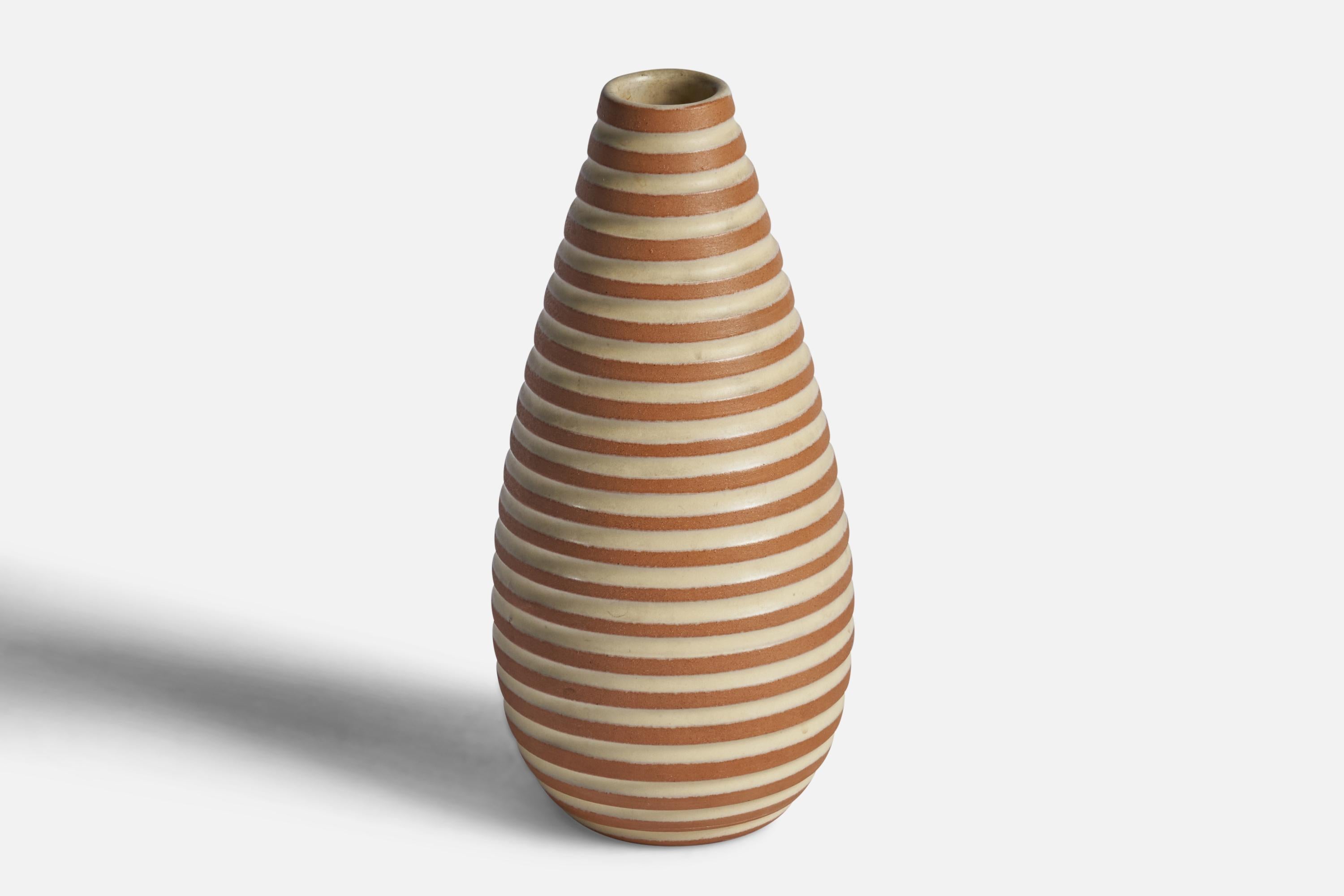 A brown and beige-painted earthenware vase designed by Ingrid Atterberg and and produced by Upsala Ekeby, Sweden, 1950s.