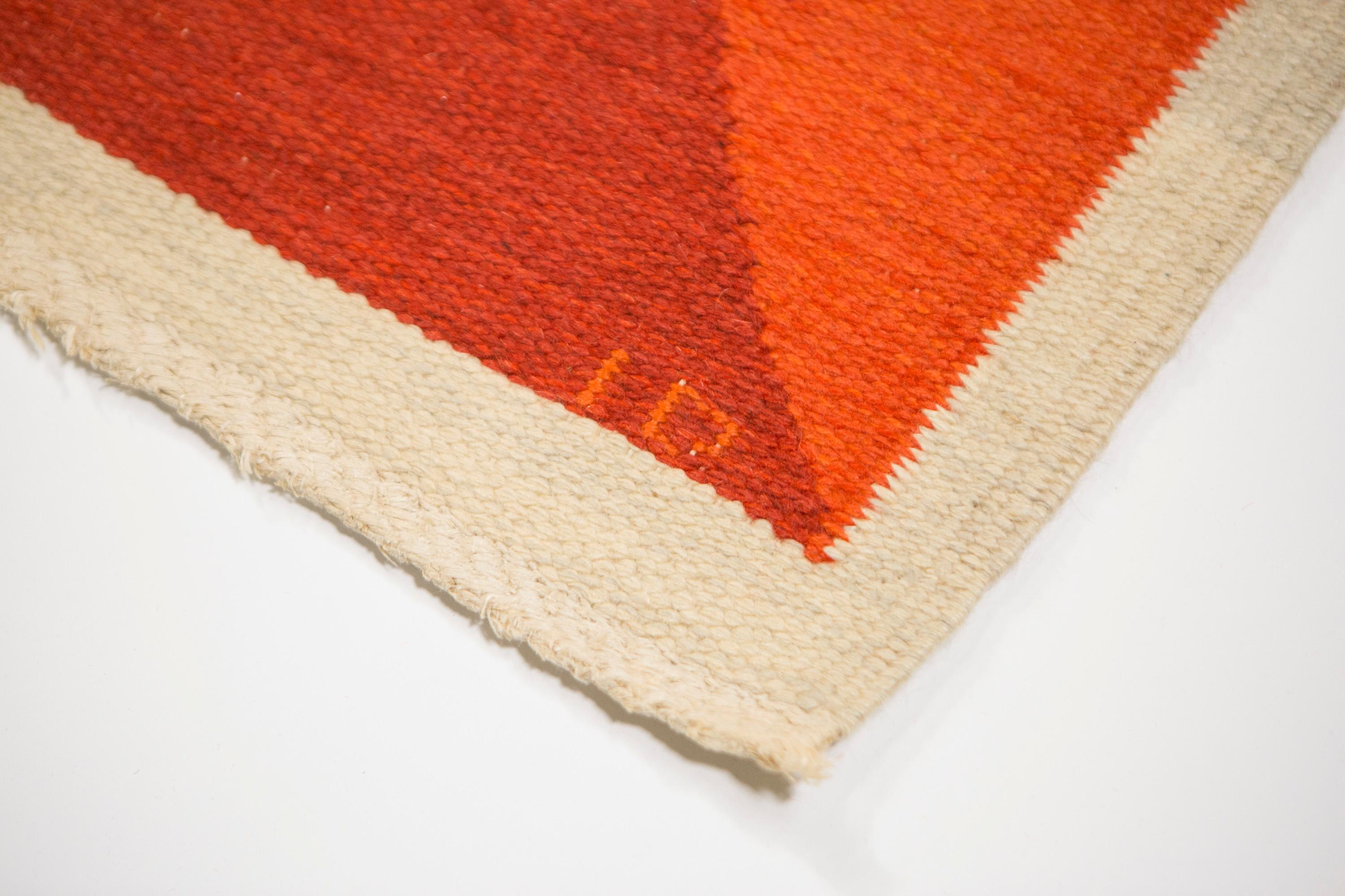 Ingrid Dessau Flat Weave Swedish rug for Malmöhus Läns Hemslöjd 1960's

211 x 204,5 cm, signed MLH ID

Four large sun-like ornaments in a variety of red, pink and orange nuances. An ivory border. Made without fringes.

Ingrid Dessau was a renowned