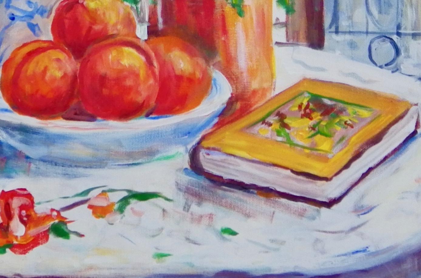 Afternoon Repose, Original Signed Impressionist Still Life Painting on Canvas - Gray Still-Life Painting by Ingrid Dohm