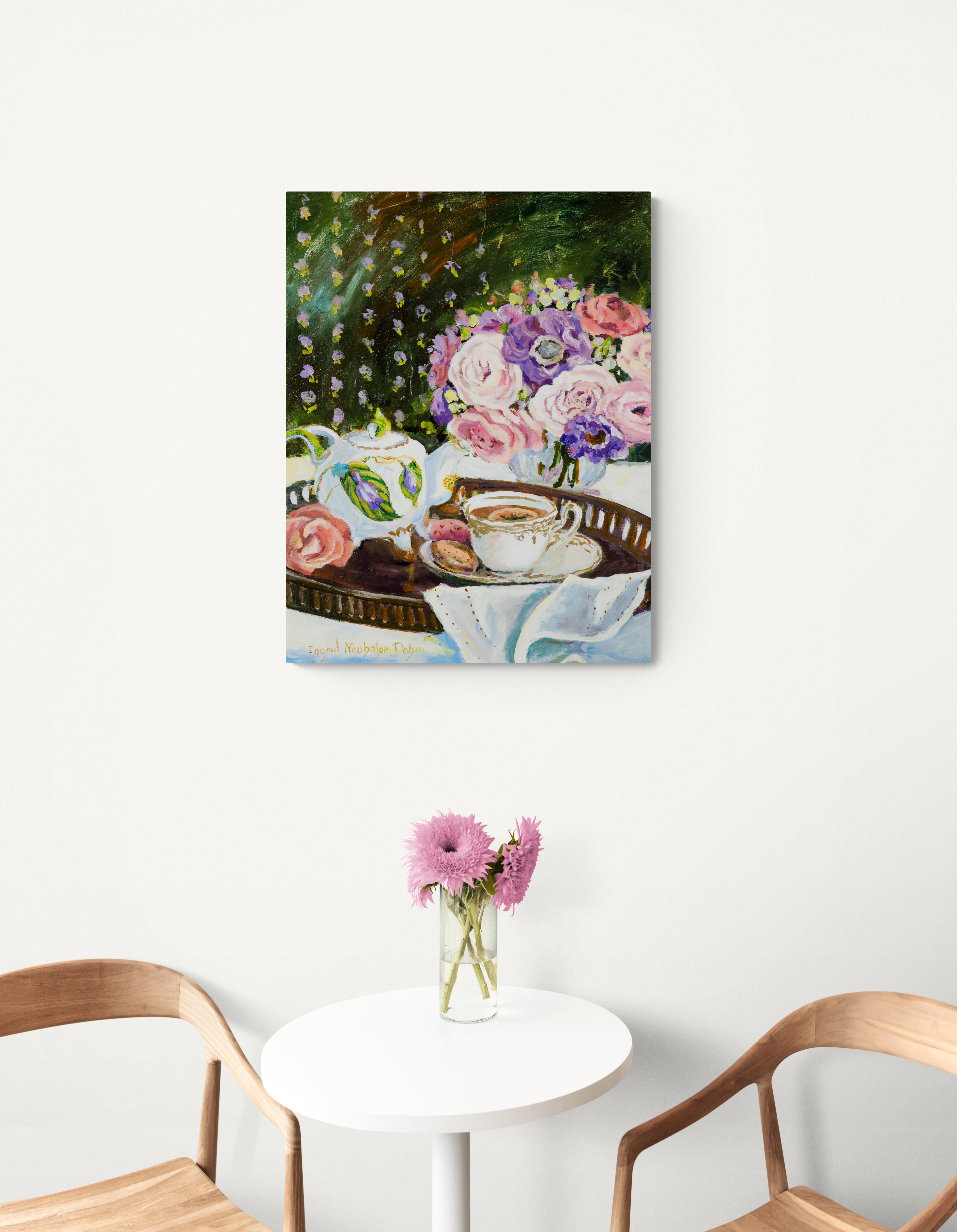 Afternoon Tea, Original Signed Impressionist Still Life Painting on Canvas For Sale 2