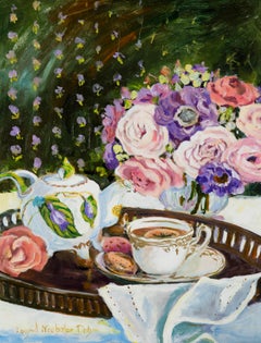 Afternoon Tea, Original Signed Impressionist Still Life Painting on Canvas
