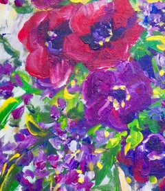 Original signiertes lila impressionistisches Stillleben auf Leinwand von Ememones