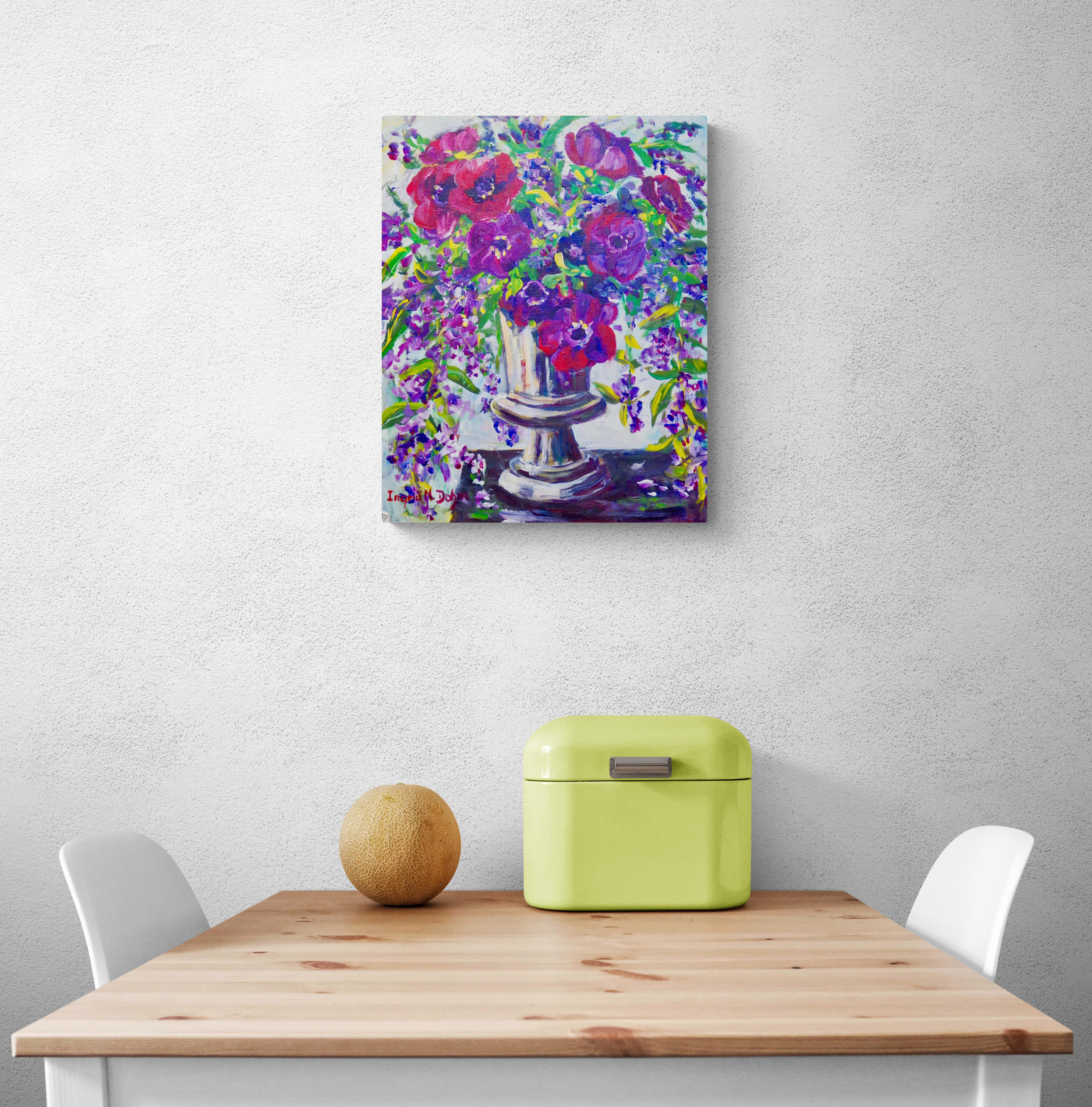 Anemones, Original Signed Purple Impressionist Still Life Painting on Canvas For Sale 2