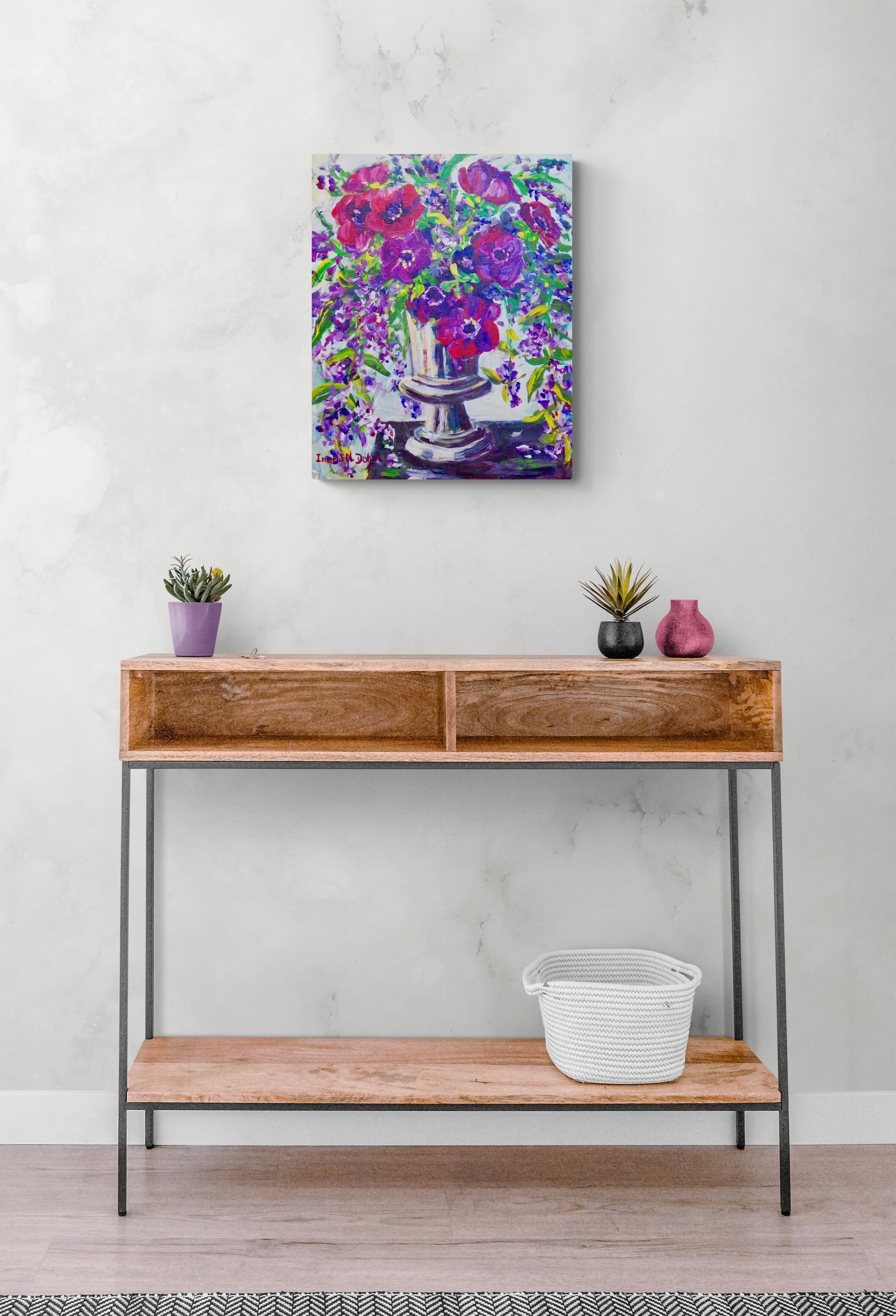 Anemones, Original Signed Purple Impressionist Still Life Painting on Canvas For Sale 3