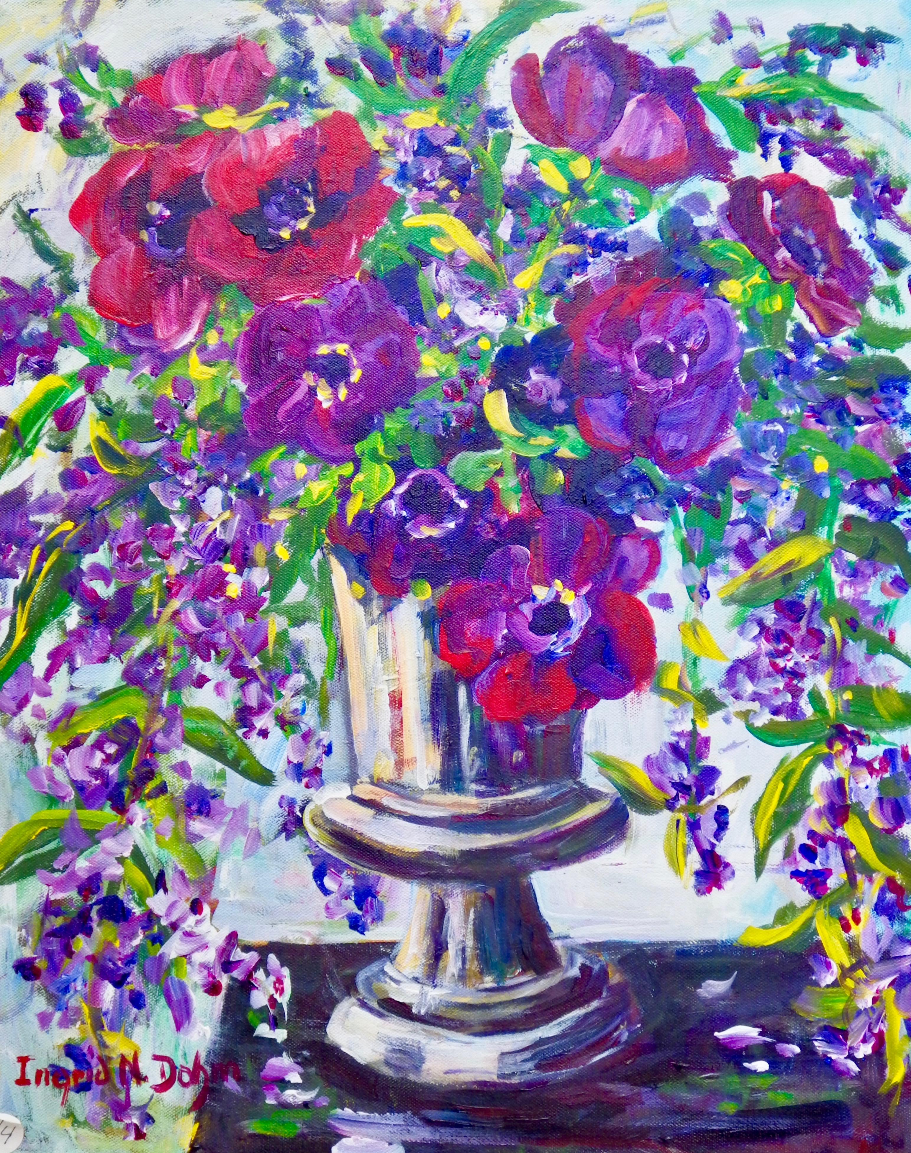 Ingrid Dohm Still-Life Painting - Anemones, Original Signed Purple Impressionist Still Life Painting on Canvas