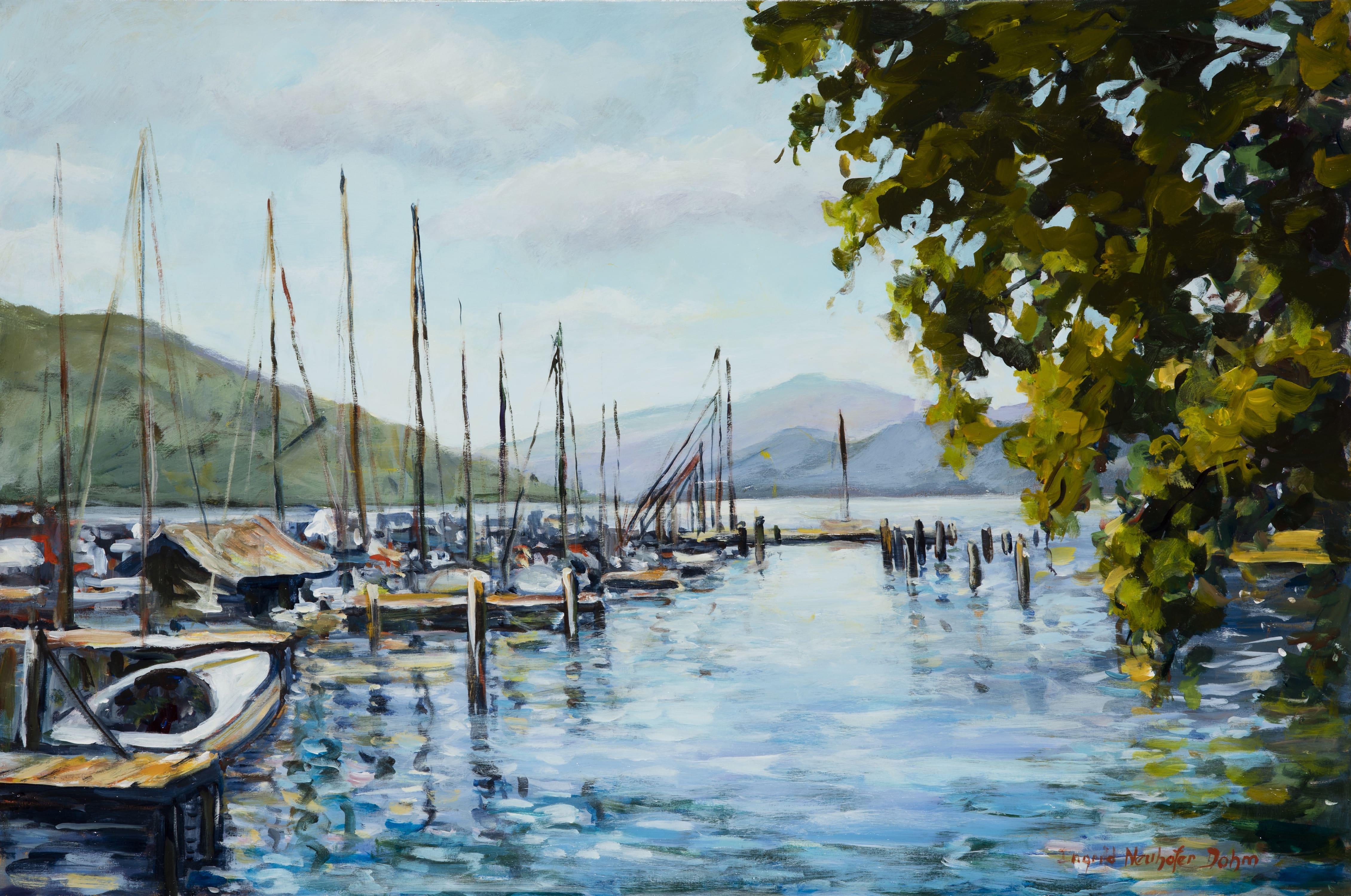 Attersee Austria, Original Contemporary Impressionist Seascape Painting, 2016
24" x 36" x 1.5" (HxWxD) Acrylic on Canvas
Hand-signed by the artist.

Somewhere between a landscape, waterscape, and still life, this work by artist Ingrid Dohm features