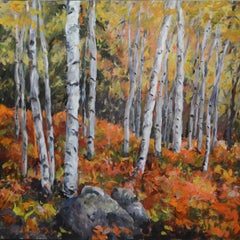 Birch Trees, Original Signed Impressionist Autumn Landscape Painting on Canvas