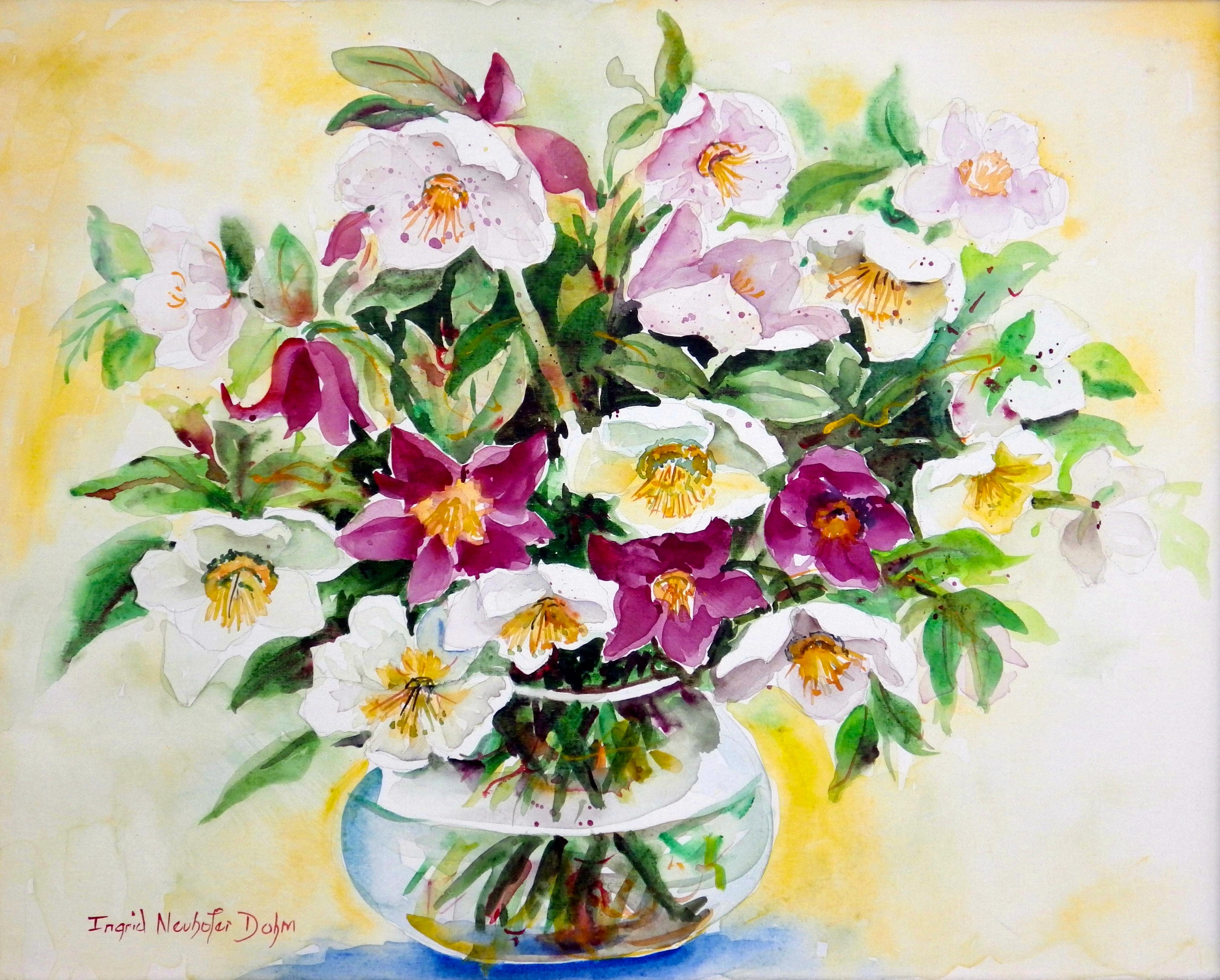 Still-Life Painting Ingrid Dohm - Roses de Noël, peinture originale de nature morte, 2014