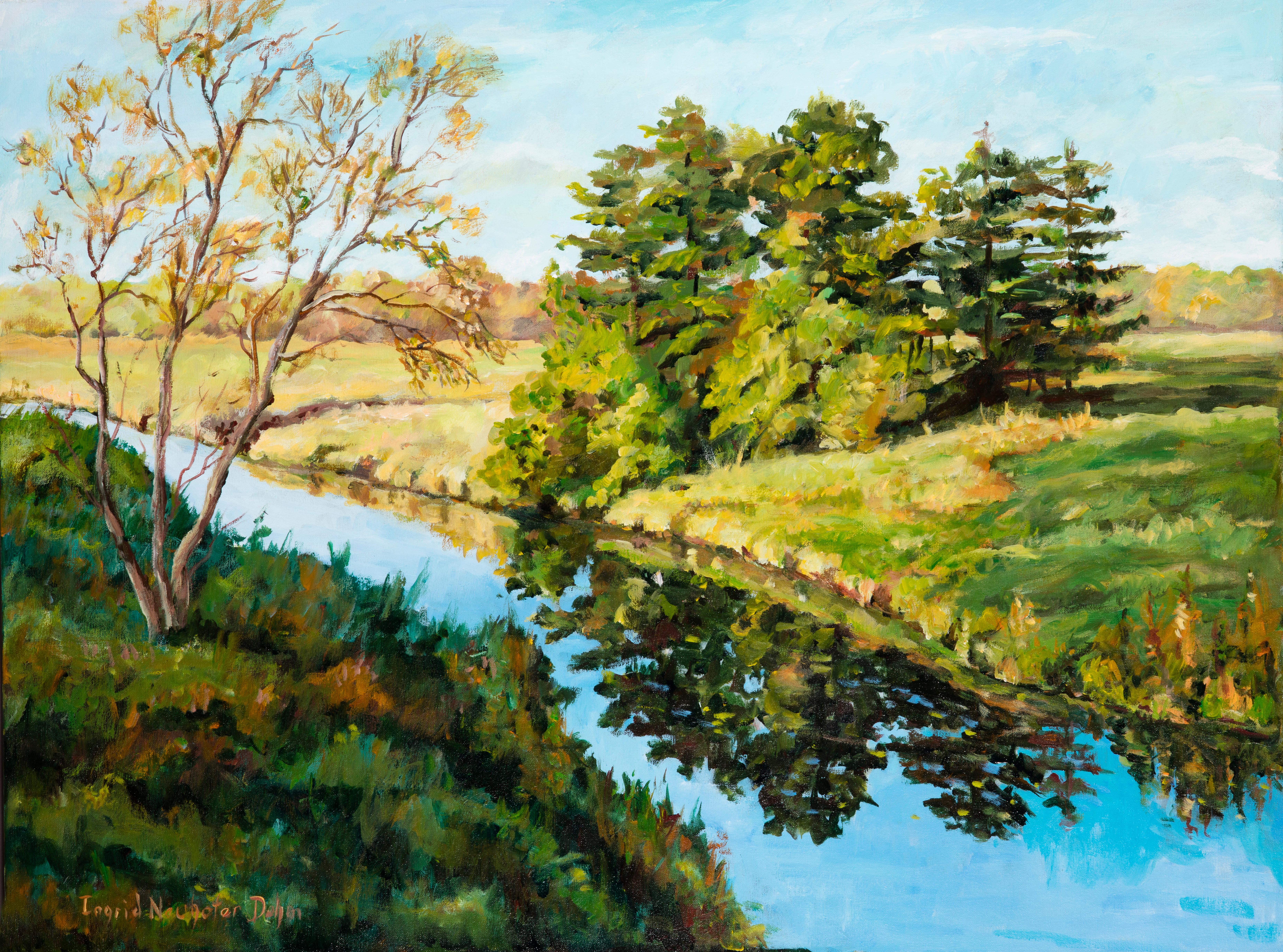 Country Stream, Original Contemporary Impressionist Landscape Painting, 2016
30" x 40" x 1.5" (HxWxD) Acrylic on Canvas
Hand-signed by the artist.

A lush green landscape surrounds a bright blue stream that nearly glows beneath the sunlight beaming