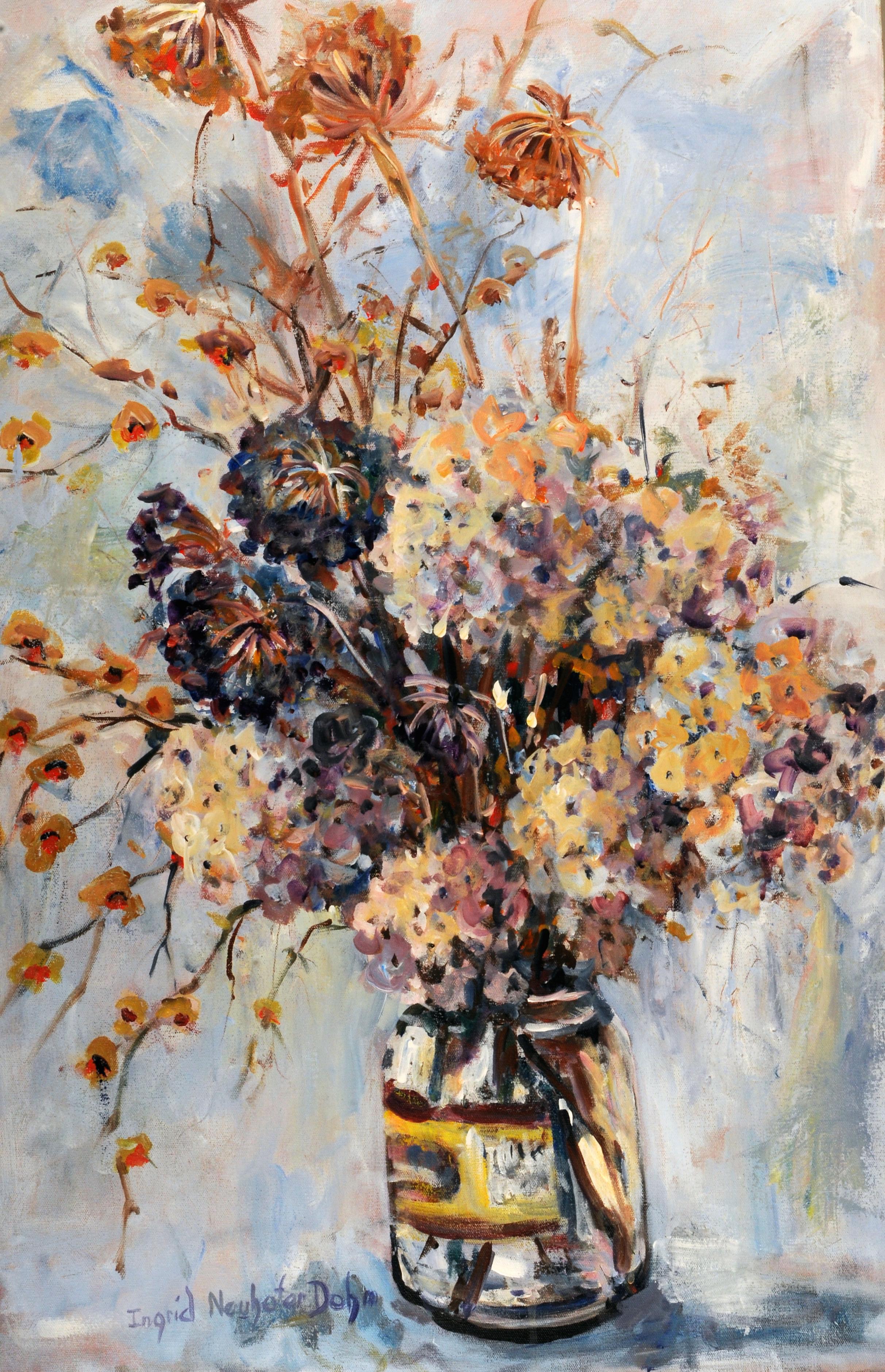 Ingrid Dohm Still-Life Painting - Dried Flowers in a Pickle Jar, Original Acrylic Floral Still Life Painting, 2015