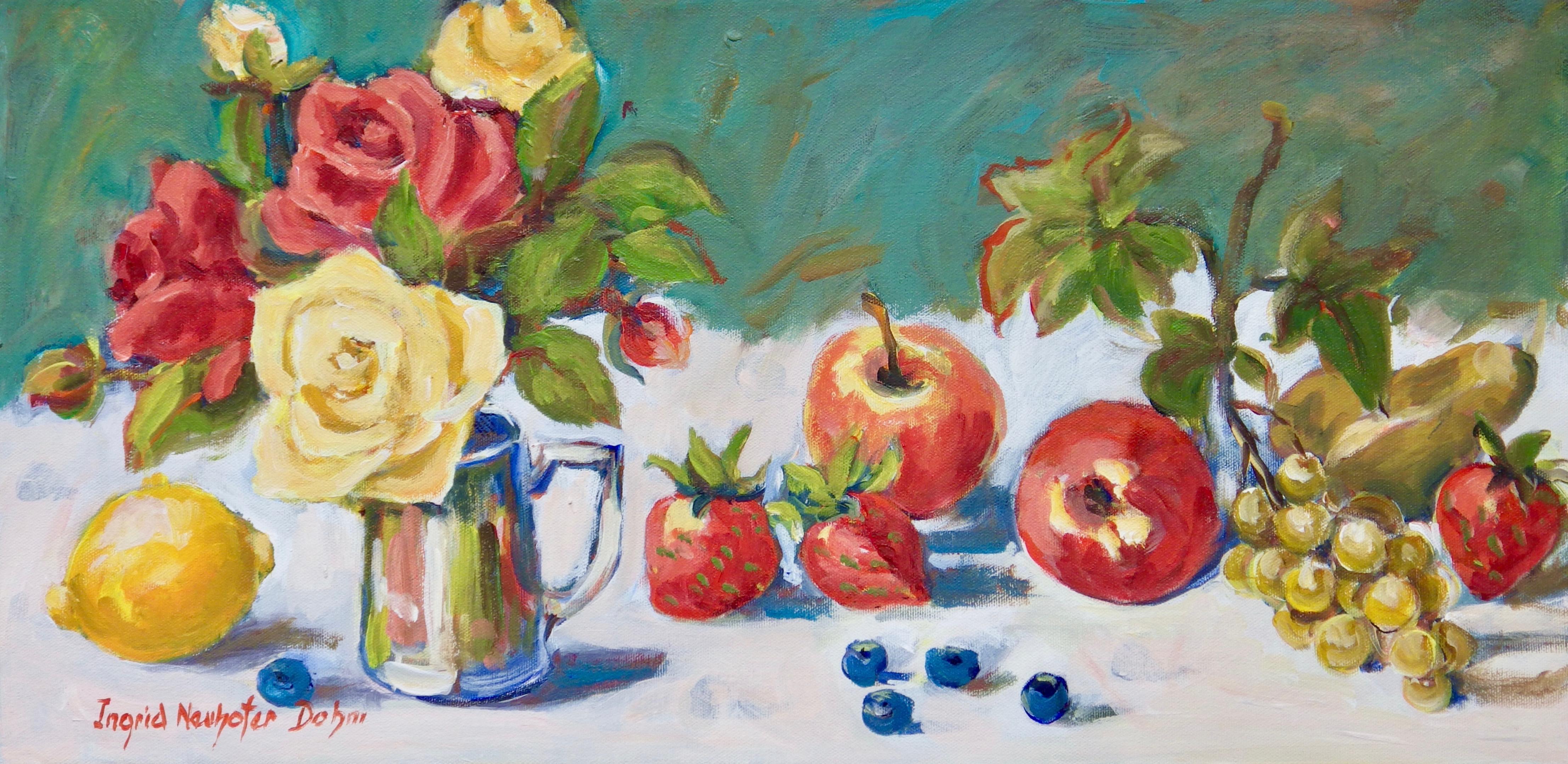 Ingrid Dohm Still-Life Painting - Floral Still Life with Fruit, Original Acrylic Painting, 2018