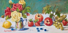 Floral Still Life with Fruit, Original Acrylic Painting, 2018